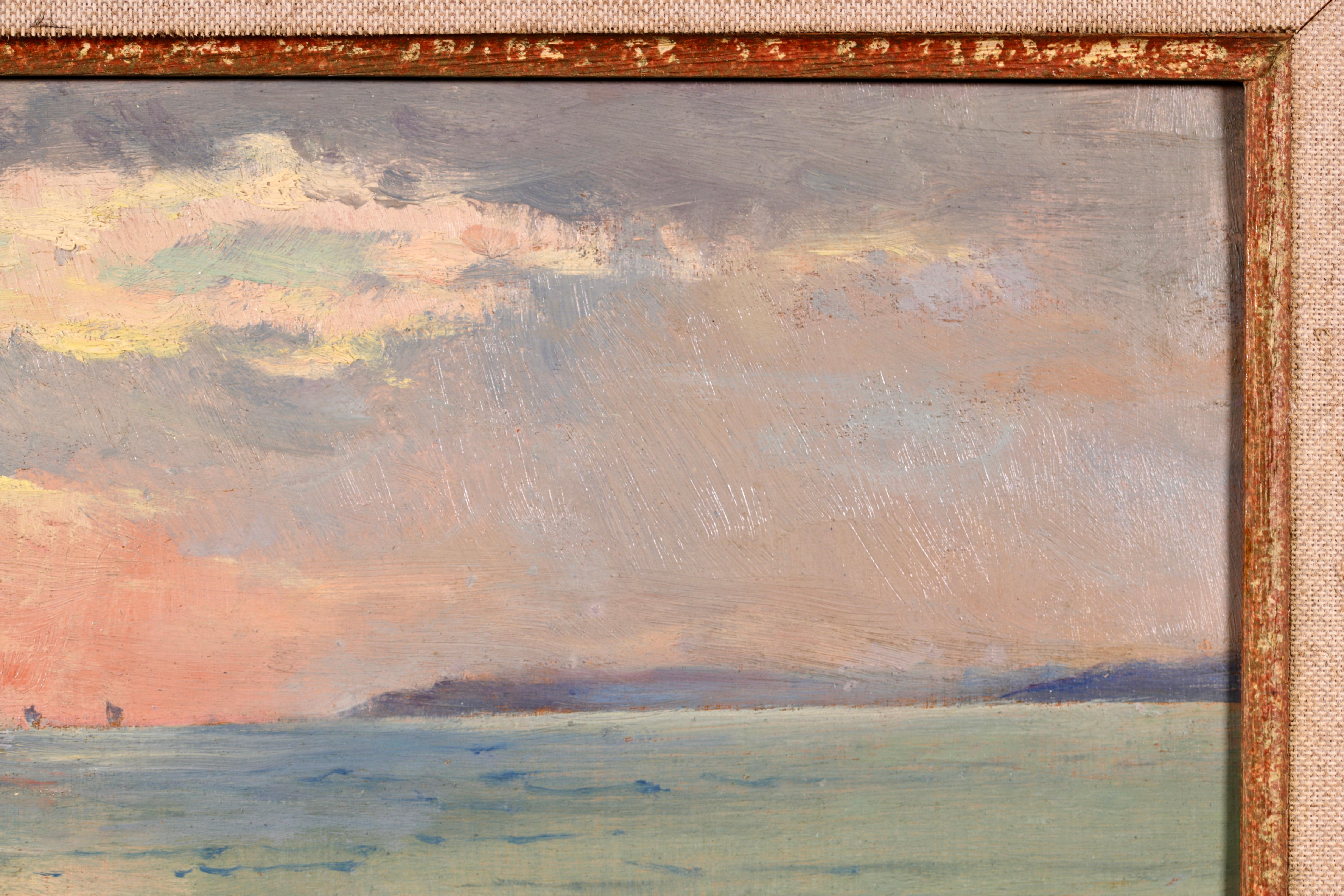 Signed oil on panel seascape by Canadian impressionist painter William Blair Bruce. The work depicts a blue-green sea with light breaking through the clouds and illuminating a line across the water. Small birds can be seen on the beach and the sun