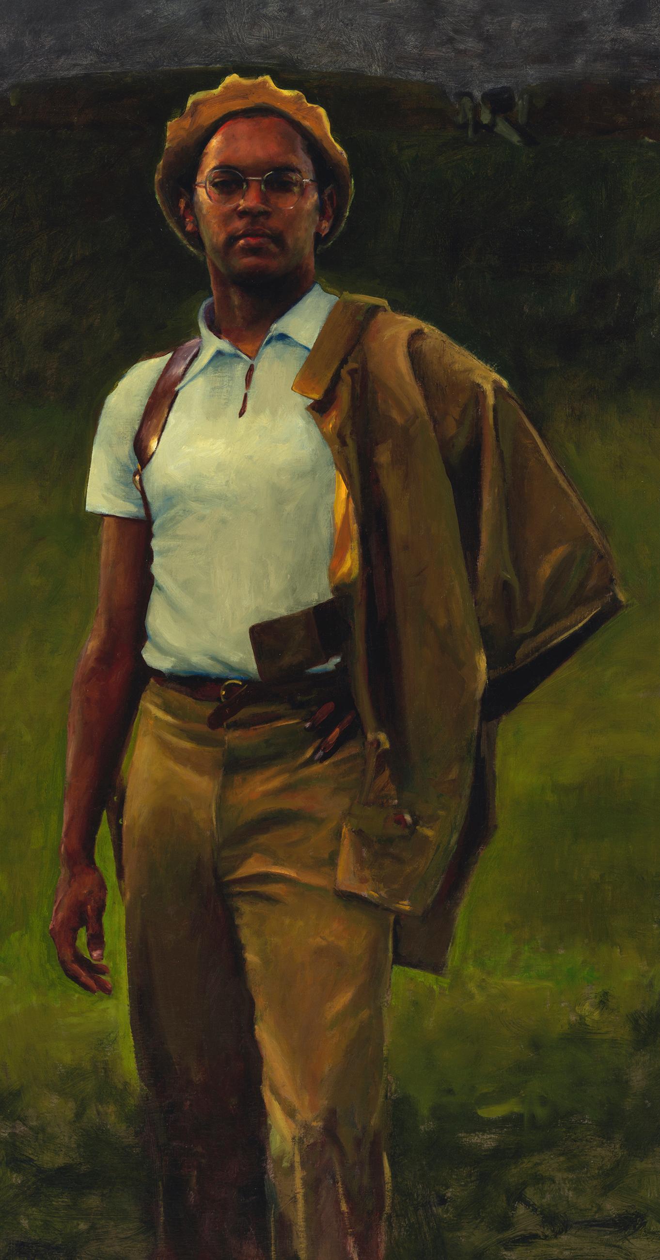 Salud Johnny - Inspirierendes Porträt eines einsamen Soldaten, der den Betrachter anschaut – Painting von William Blake (b. 1991) 