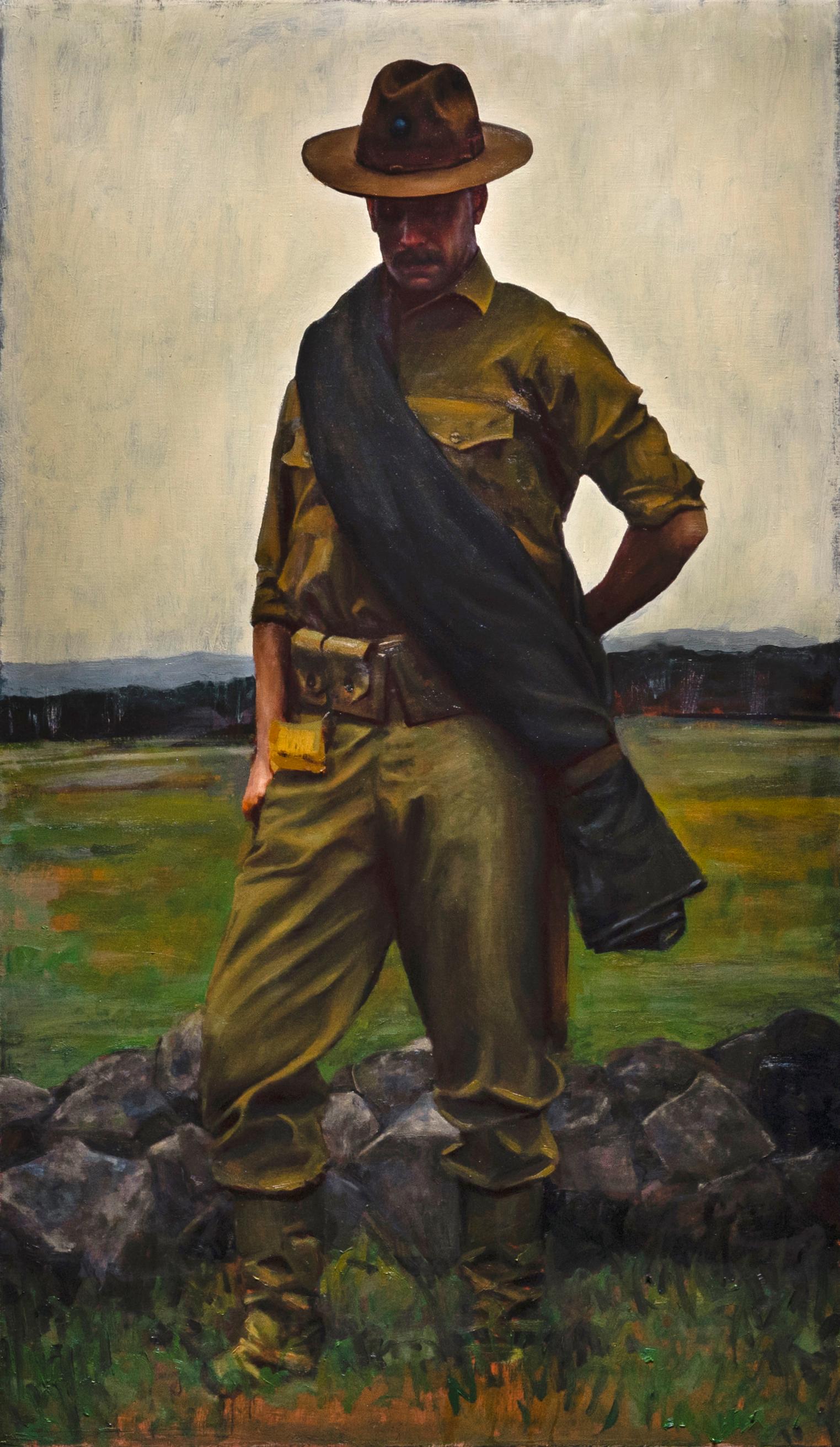 A Great Battlefield - A Lone Soldier Sanding in an Open Field, Oil on Linen
