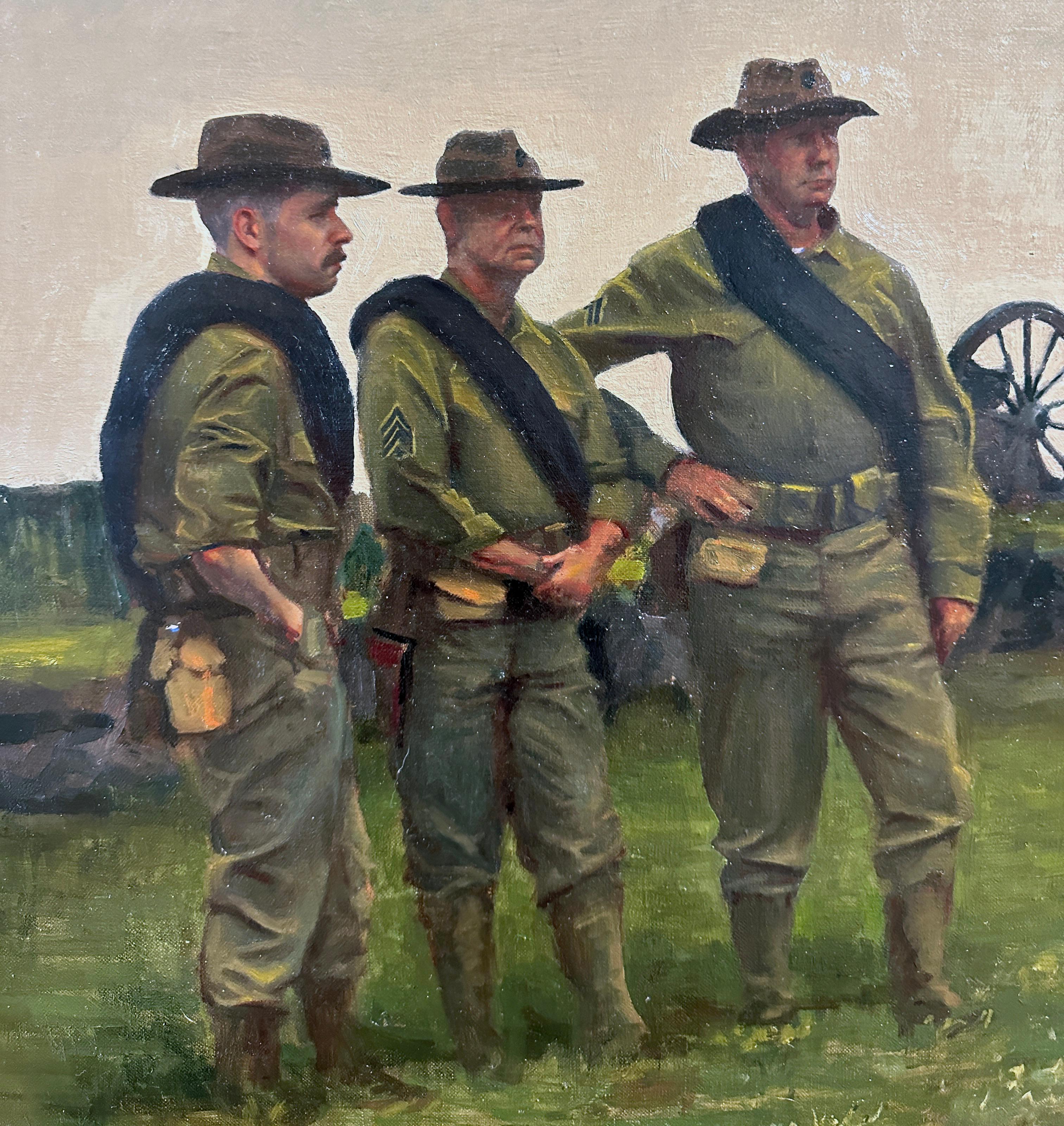 Union - Groupe de soldats unis debout sur un terrain ouvert, huile sur lin - Contemporain Painting par William Blake (b. 1991) 