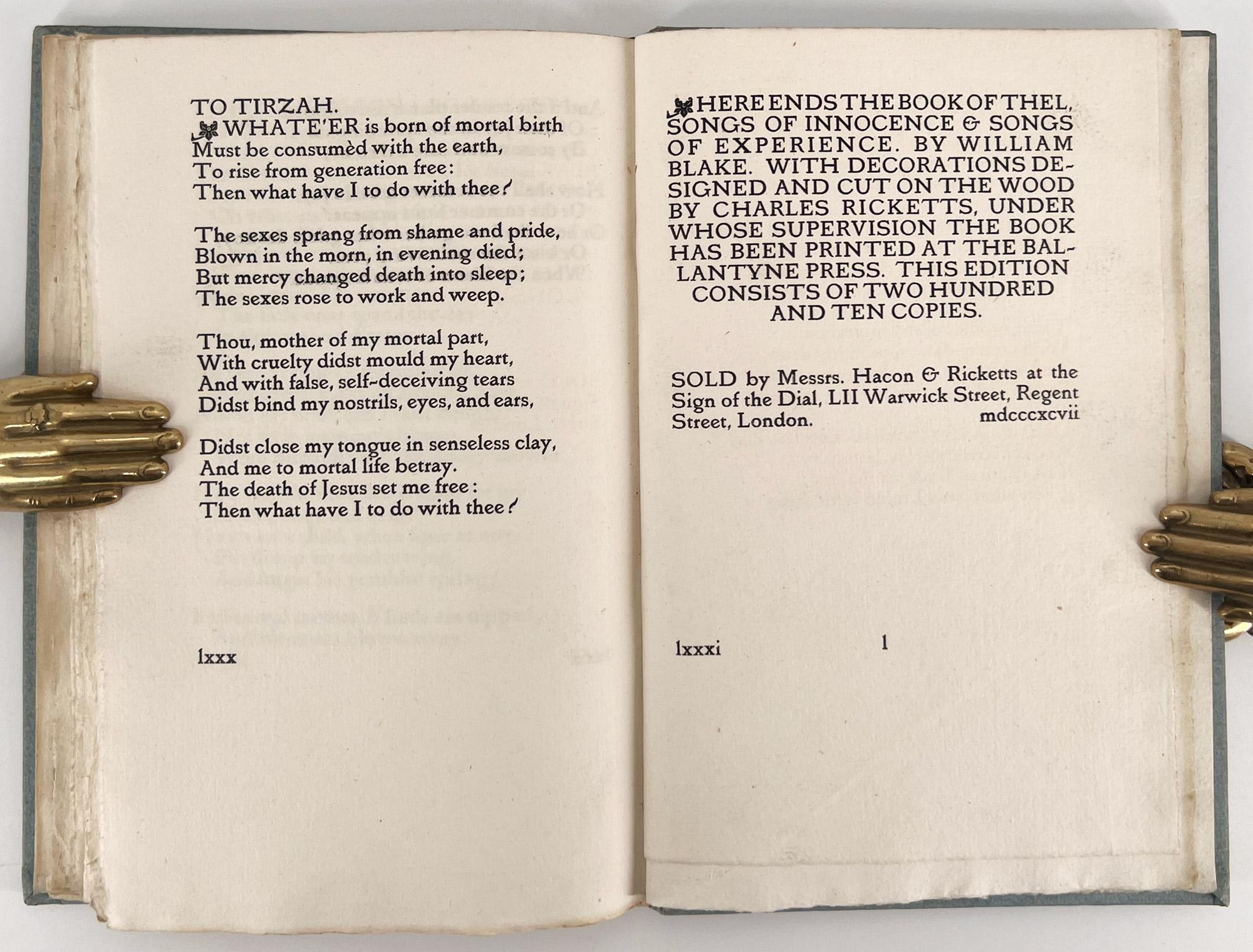 Anglais William Blake : Le livre de Thel. Les chants de l'innocence. Et des chants d'expérience en vente