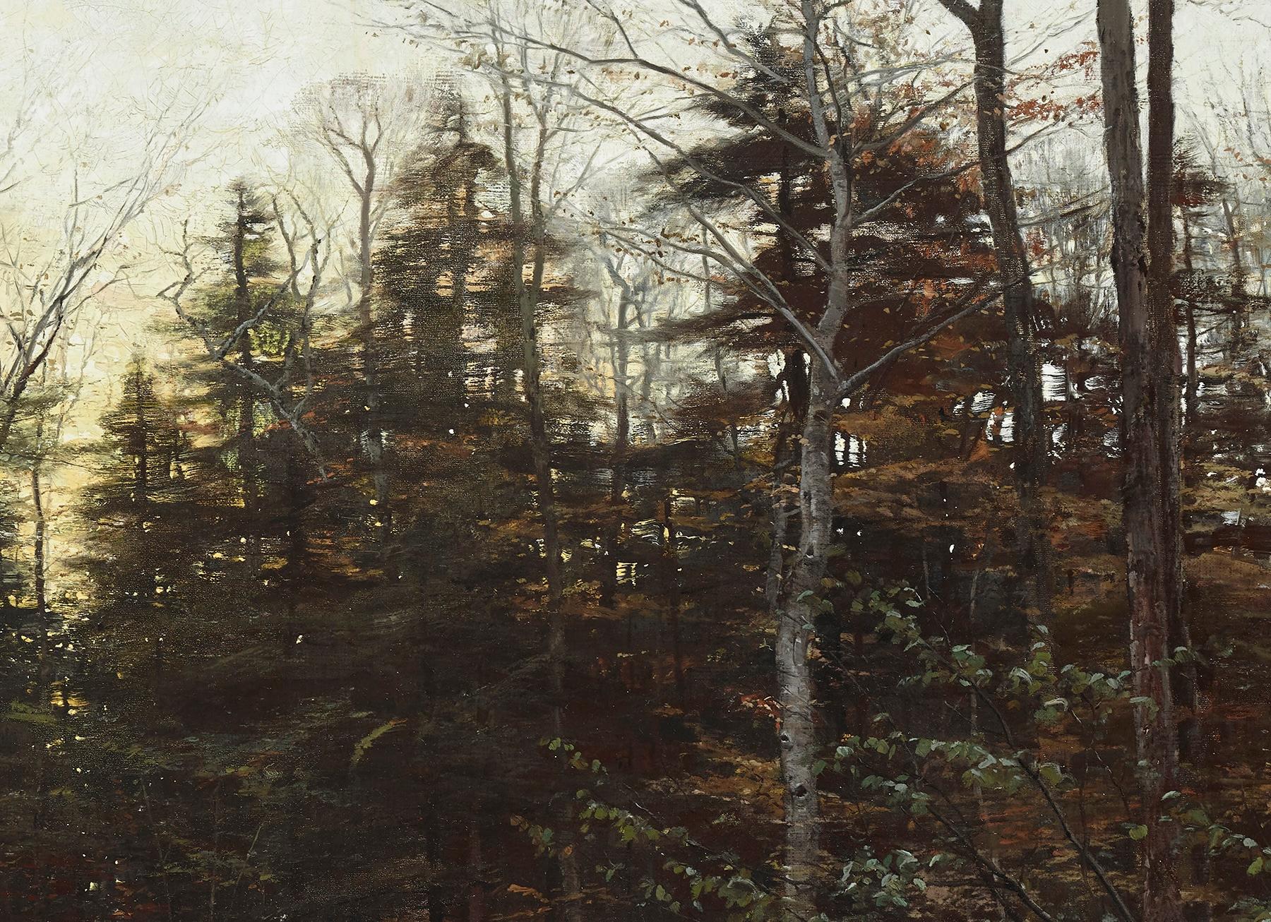 Scène de forêt, 1885
Huile sur toile, 38 x 50 pouces (96,5 x 127 cm)
Dimensions encadrées : 49 3/8 x 61 3/8 pouces
Signé et daté en bas à gauche : W Bliss Baker 1885

Provenance
Albert E Cluett à son épouse, Caroline Ide Cluett ;
Par filiation à