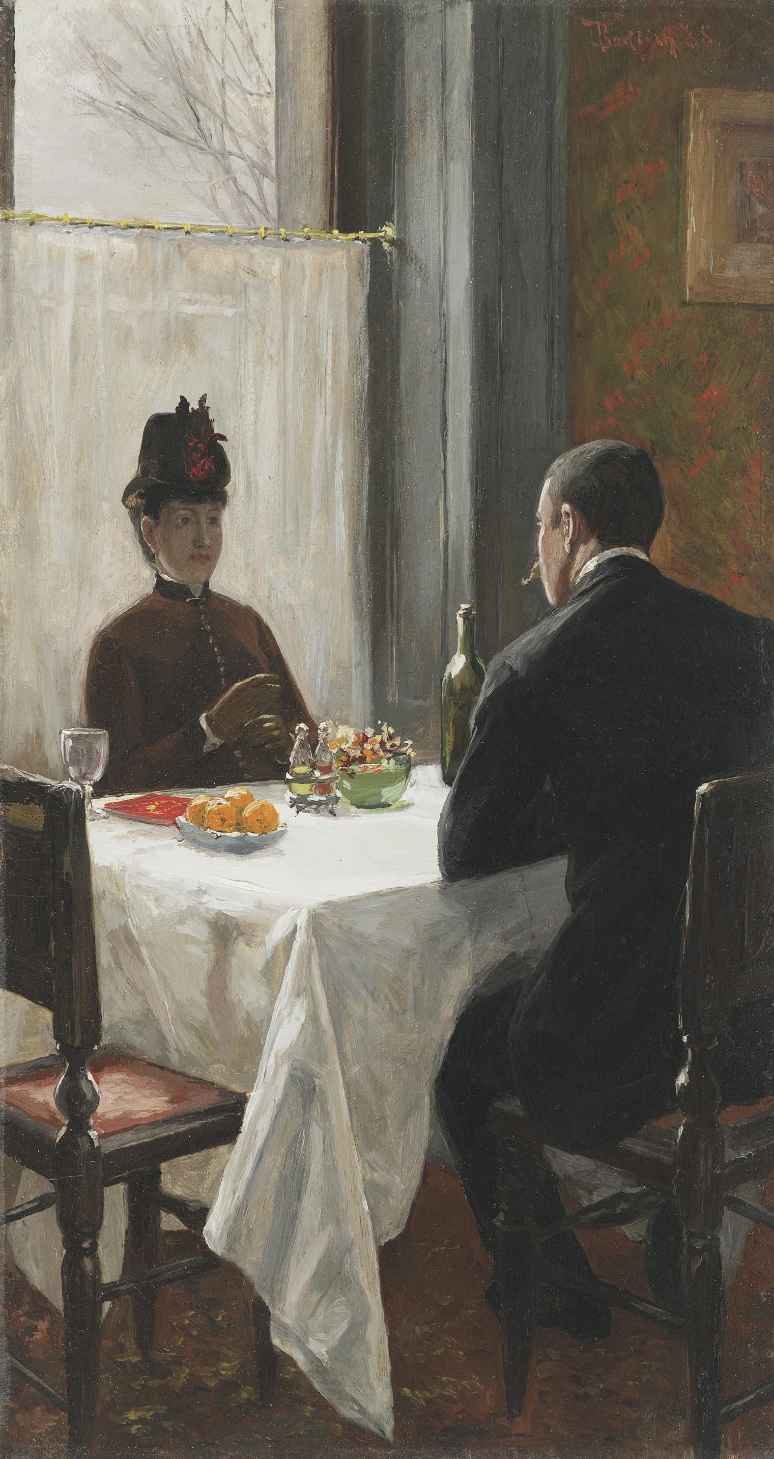 Zwei Figuren in der Kleidung des 19. Jahrhunderts sitzen an einem Tisch in einem Café.

Provenienz: Private Collection, New Jersey

William Bodfish, der ursprünglich aus New York City stammte, war ein talentierter Künstler, der im späten neunzehnten