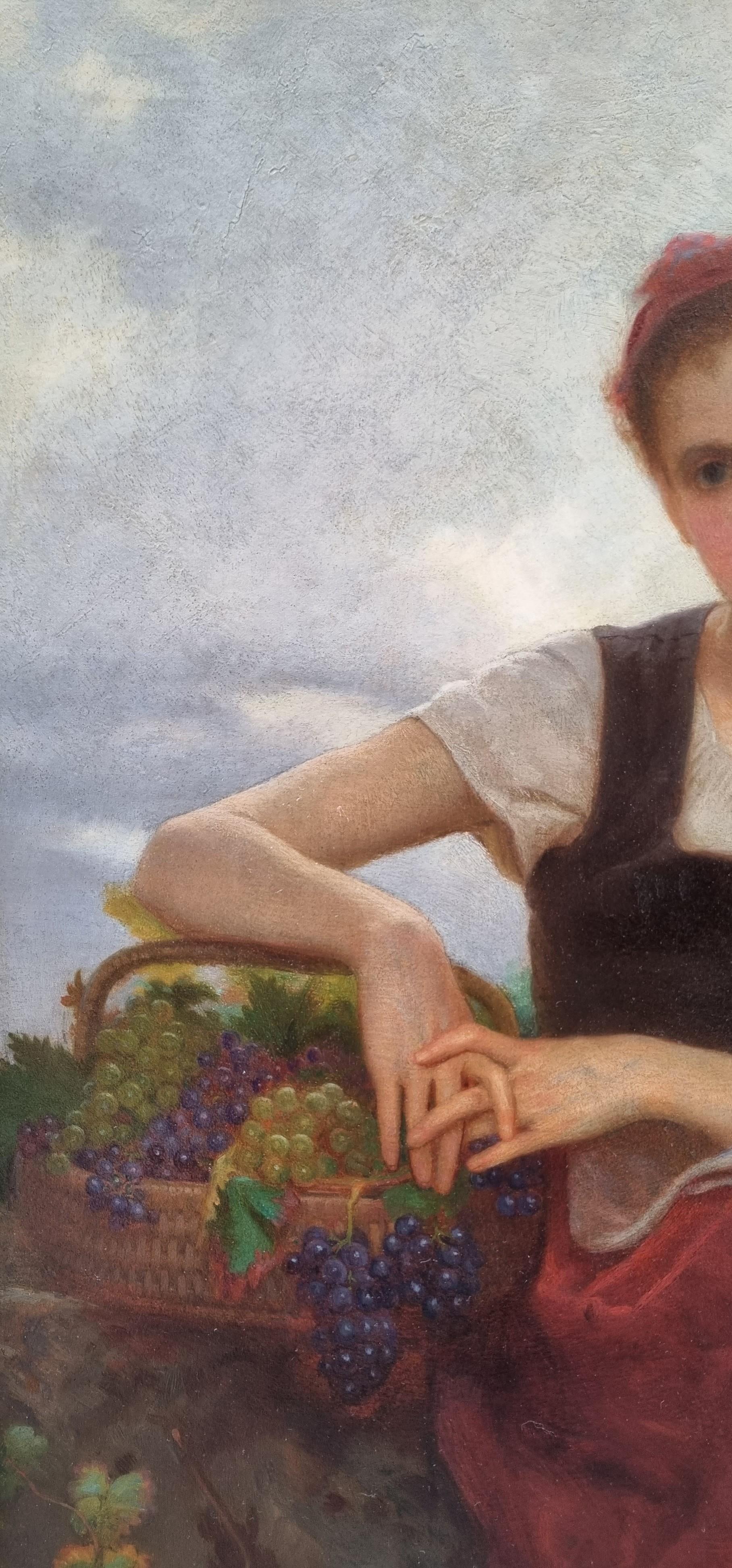 William Bouguereau (Kreis der)
La Rochelle, 1825 - La Rochelle, 1905
Der kleine Traubenpflücker
Öl auf Leinwand
54 x 38 cm (64 x 48 cm mit Rahmen)
Schöner Vergoldungsrahmen aus dem 19. Jahrhundert
Guter Zustand

Das Thema des Traubenpflückers