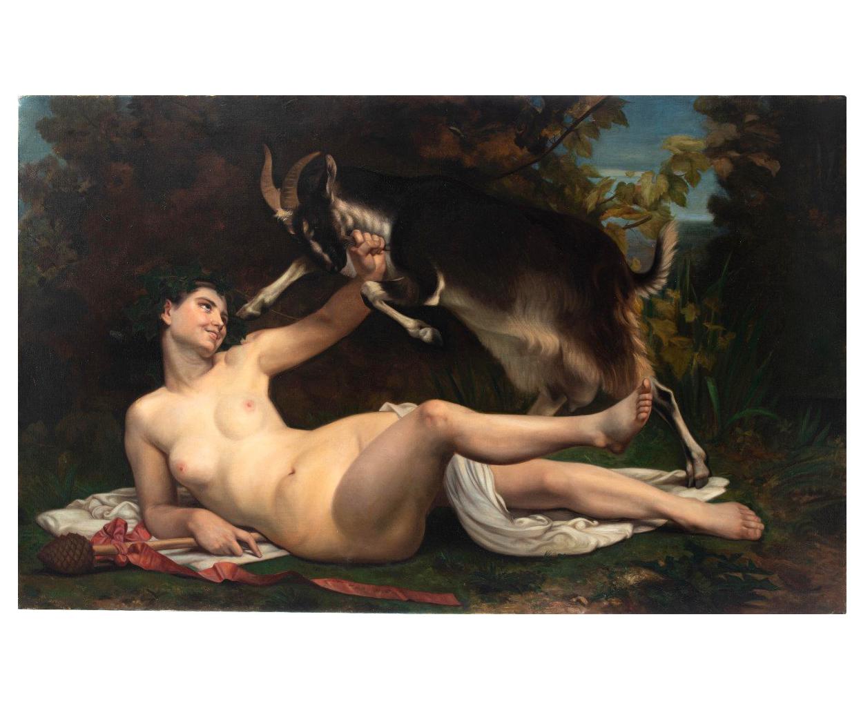 Belle copie d'après "Une Bacchante" de William Bouguereau (1825-1905), huile sur toile, 115 x 185 cm. L'original de la "Bacchante jouant avec une chèvre", datant de 1862, fait aujourd'hui partie de la collection du musée des Beaux-Arts de