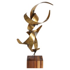 William Bowie Gilded Mid-Century Modern Abstract Table Sculpture on Teak Base