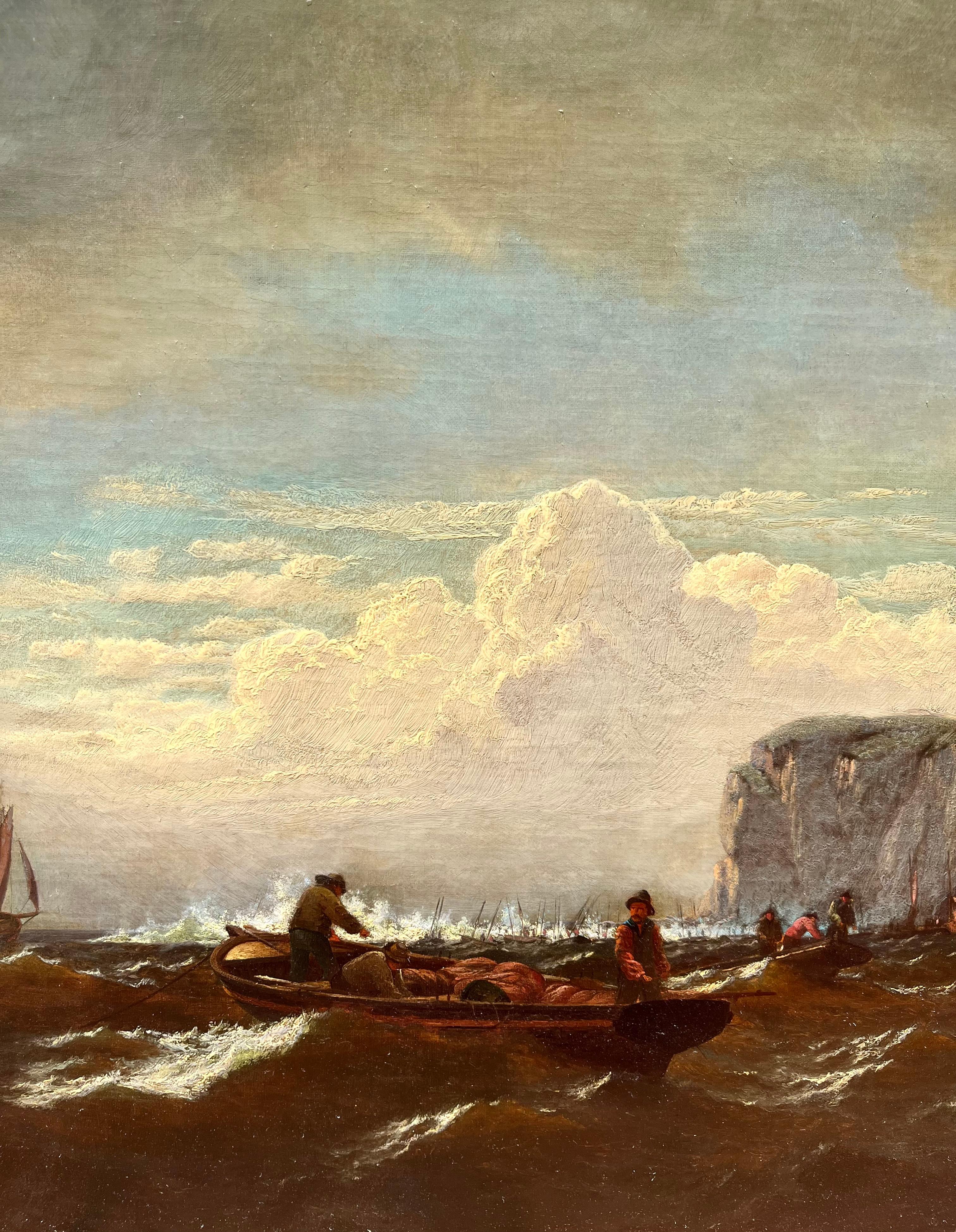 Fischerboote vor der Küste von Bass Rock, Schottland (Beige), Figurative Painting, von William Bradford