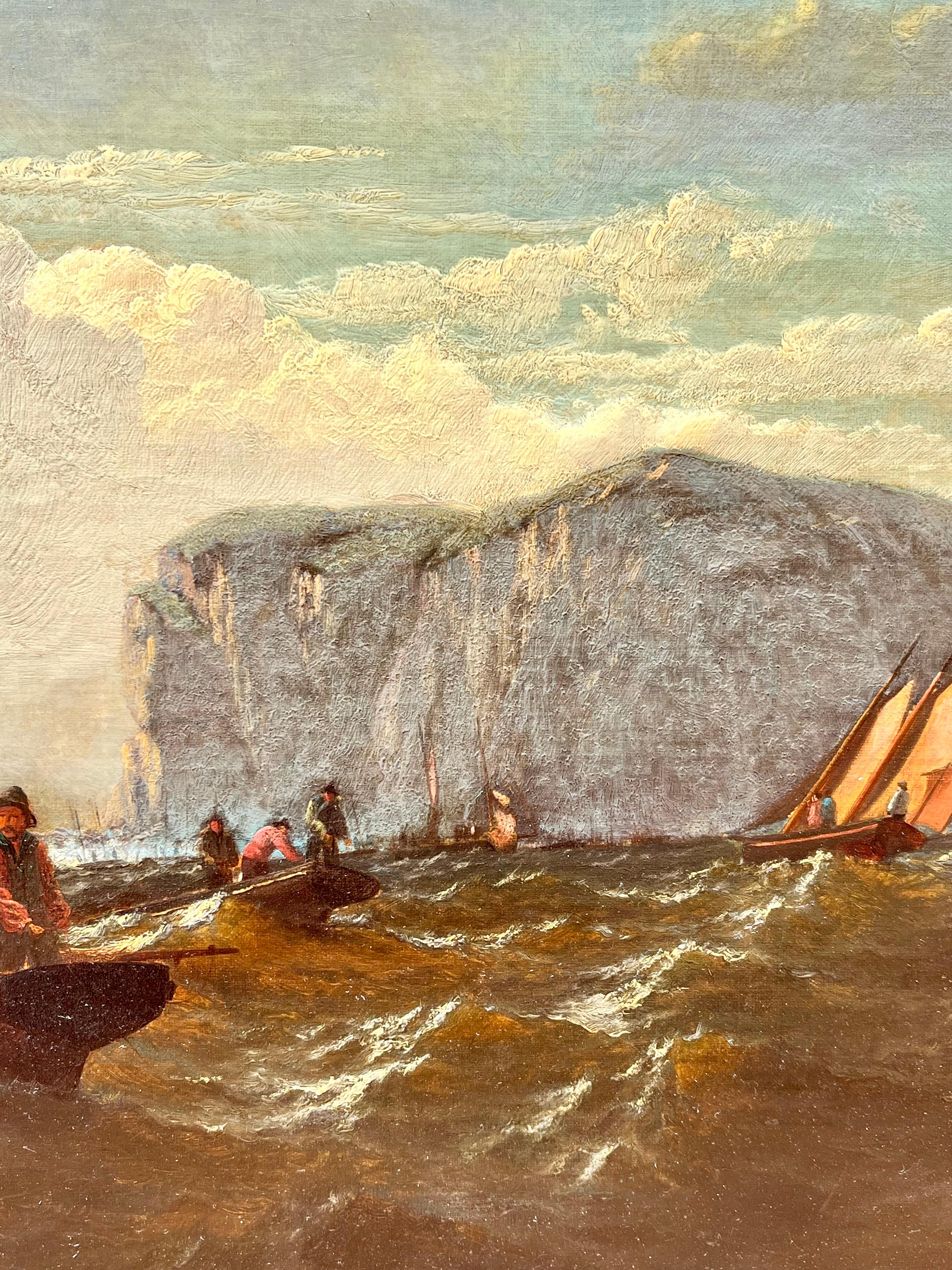 Diese leuchtende maritime Szene des amerikanischen Malers William Bradford fängt einen flüchtigen Moment des täglichen Lebens an der zerklüfteten Küste von Bass Rock, Schottland, ein. Bradford, der für seine lebendigen arktischen Expeditionen und