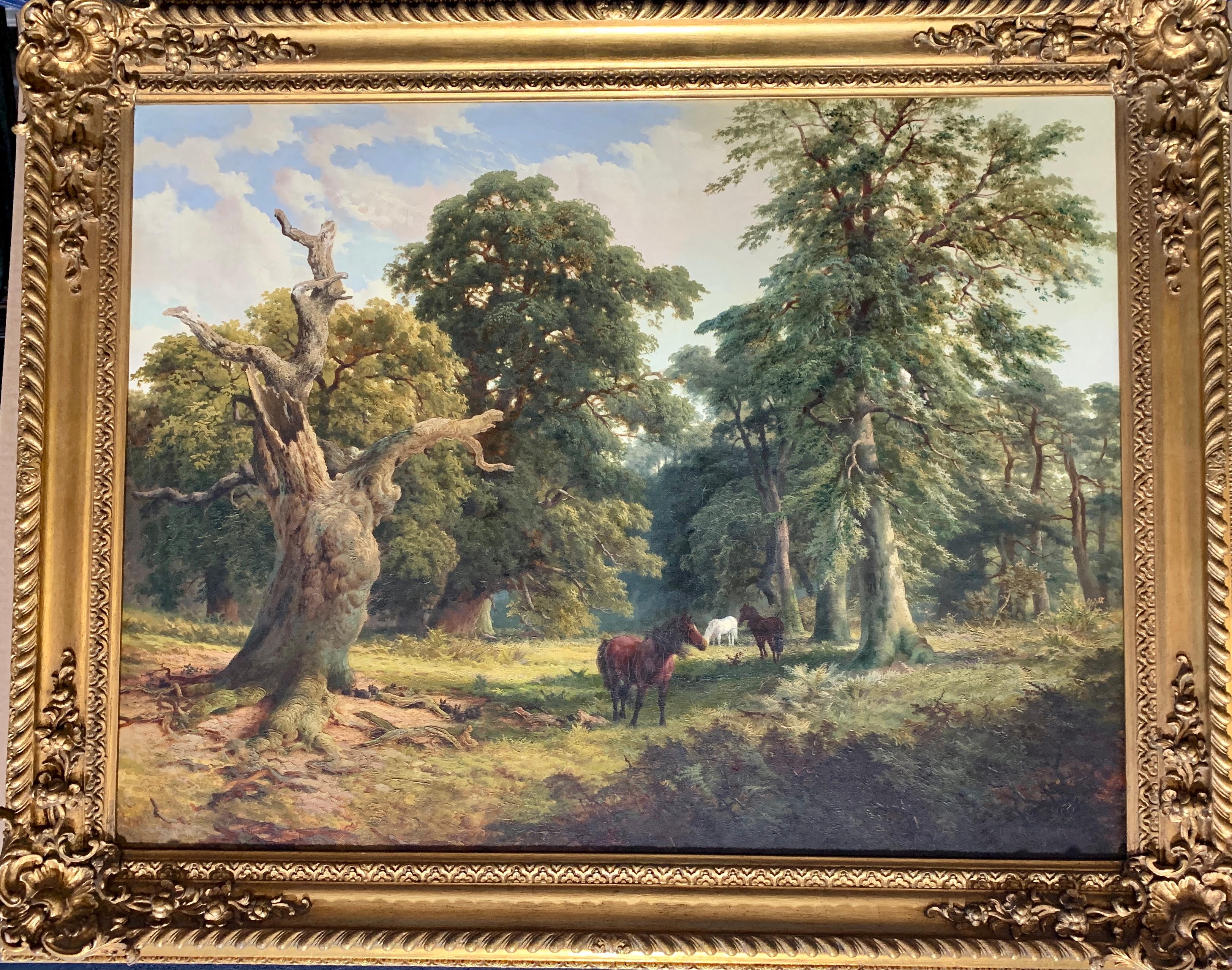 Landscape Painting William Bradley - Paysage forestier anglais du 19e siècle avec chevaux dans la Nouvelle Forest Hampshire Royaume-Uni