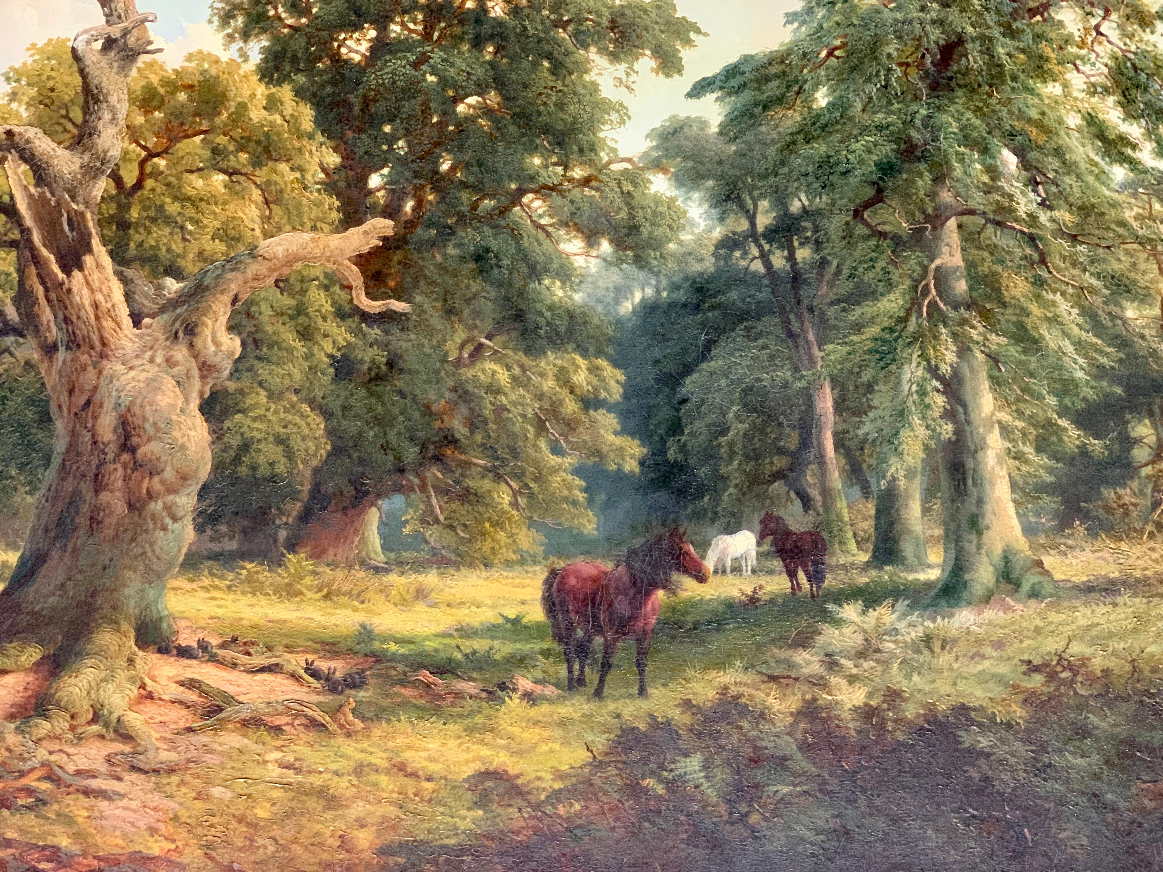 Paysage forestier anglais du 19e siècle avec chevaux dans la Nouvelle Forest Hampshire Royaume-Uni - Painting de William Bradley