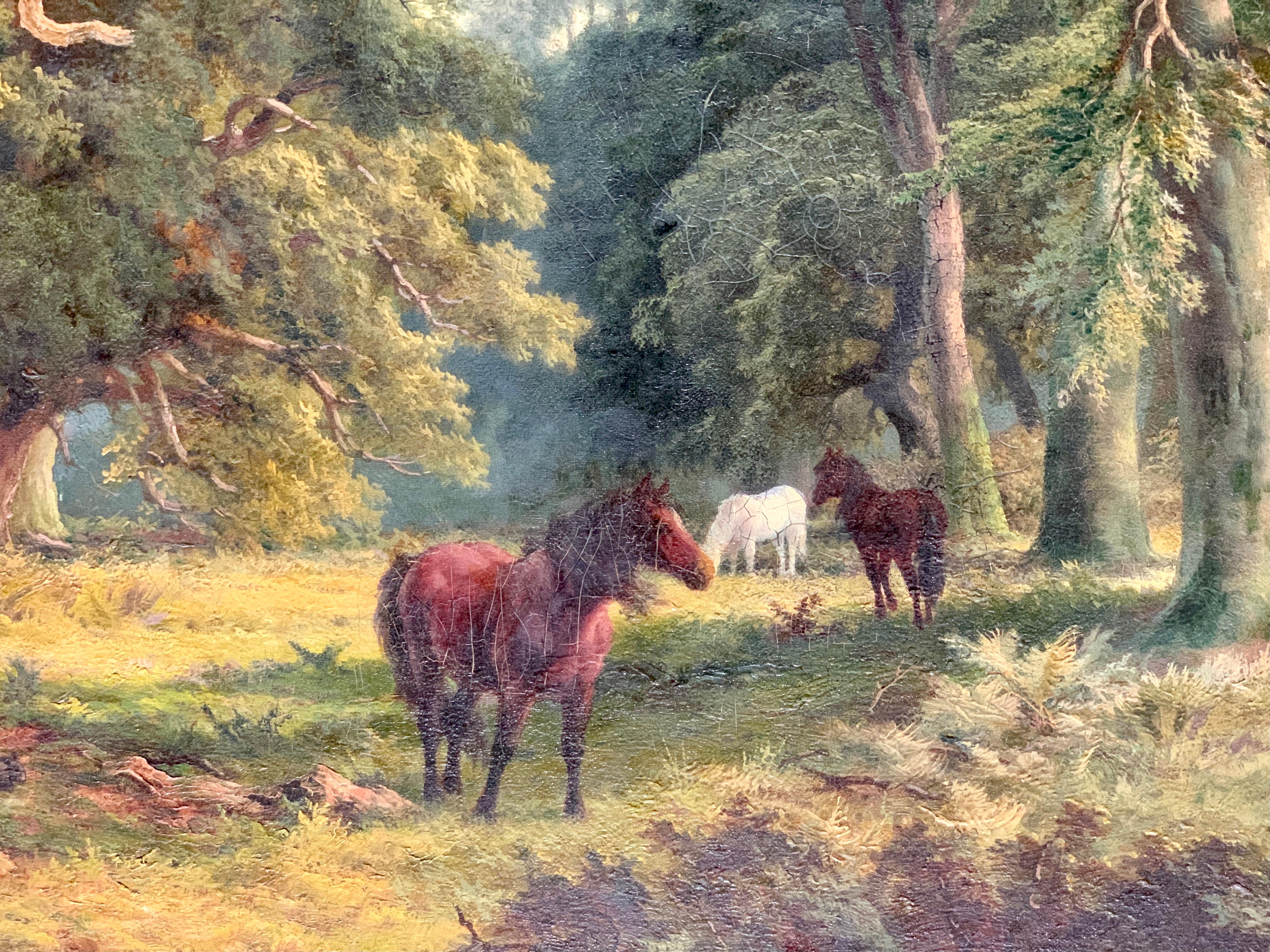 Paysage forestier anglais du 19e siècle avec chevaux dans la Nouvelle Forest Hampshire Royaume-Uni - Victorien Painting par William Bradley