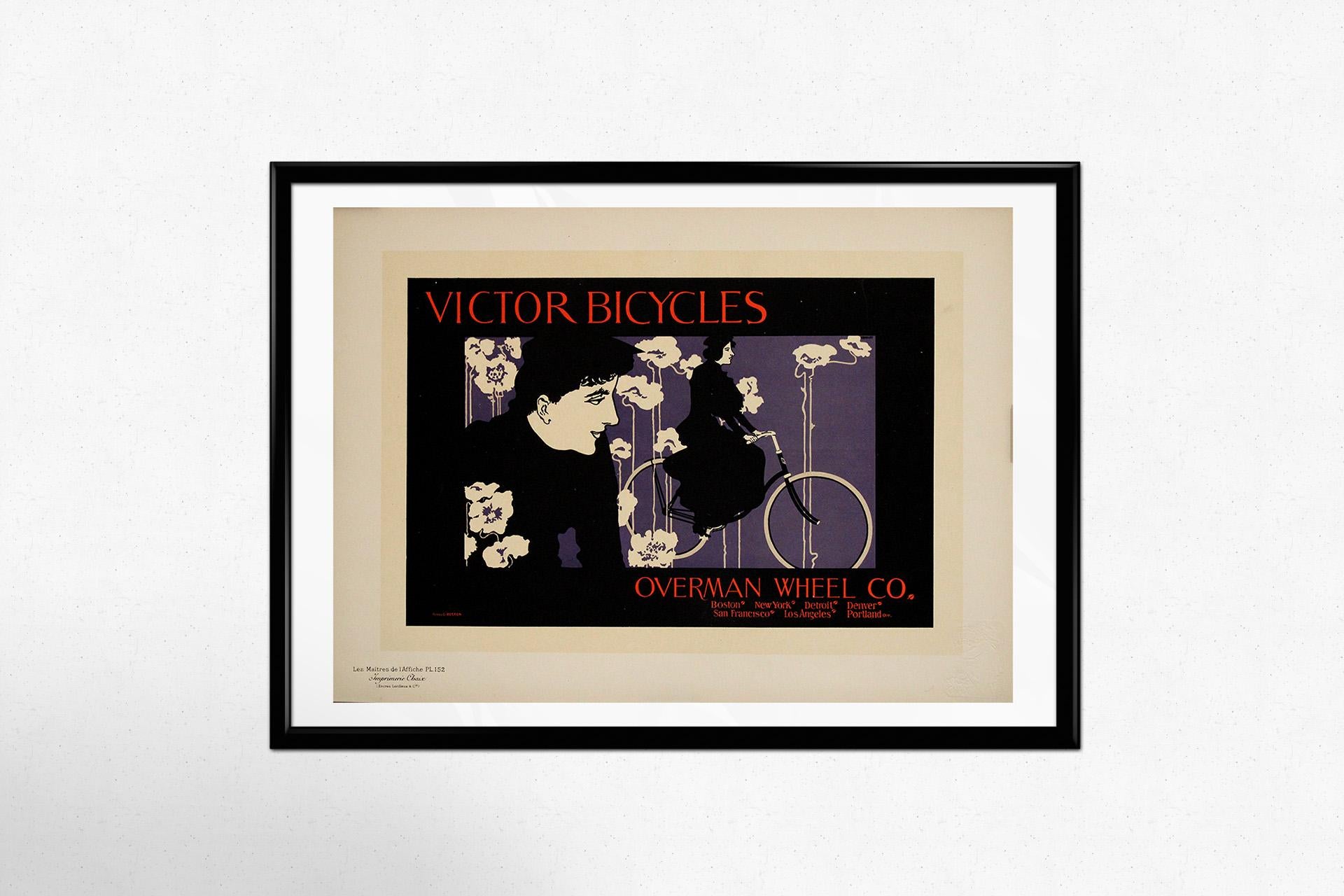 Designed in 1899 by the renowned American graphic artist William H. Bradley, this original lithographic poster for Victor Bicycles, produced by the Overman Wheel Co., is a classic example of late 19th-century Art Nouveau advertising. Part of the