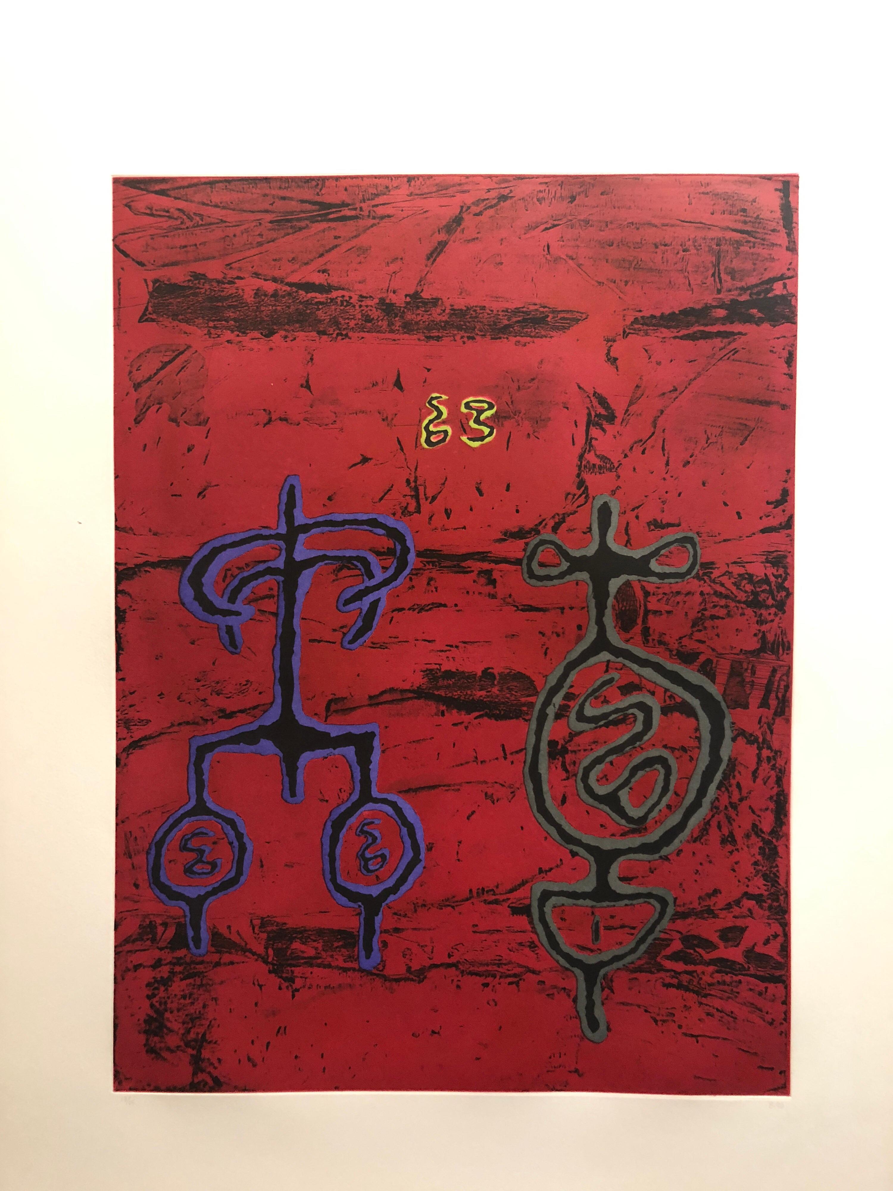 Sans titre n° 11 Two Forms Red Ground, eau-forte expressionniste abstraite - Print de William Brice