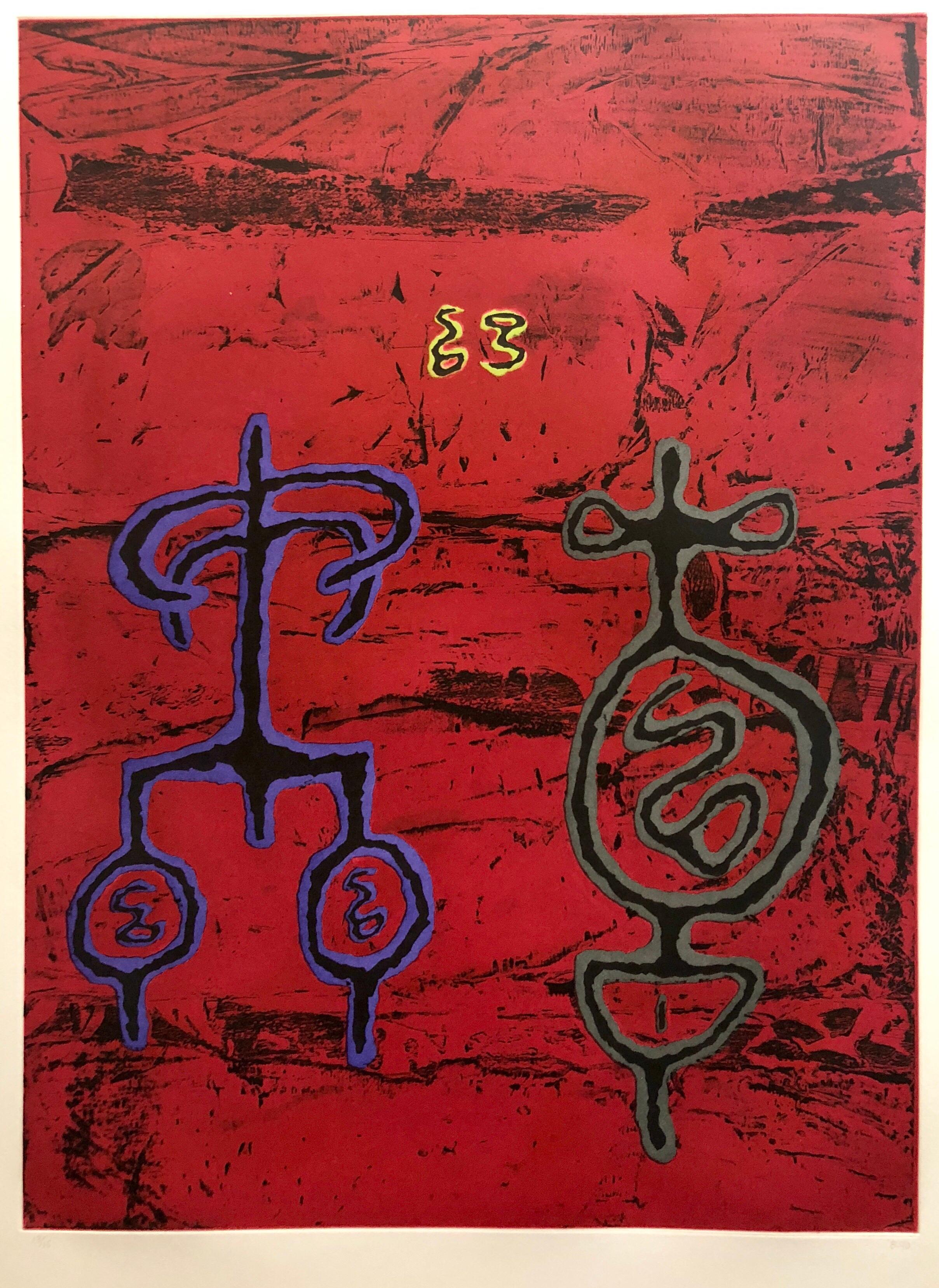 Sans titre #11 (Deux formes, fond rouge), 
Aquatintes au savon de couleur et à la morsure de crachat.
Taille de l'image : 23¾ x 17¾