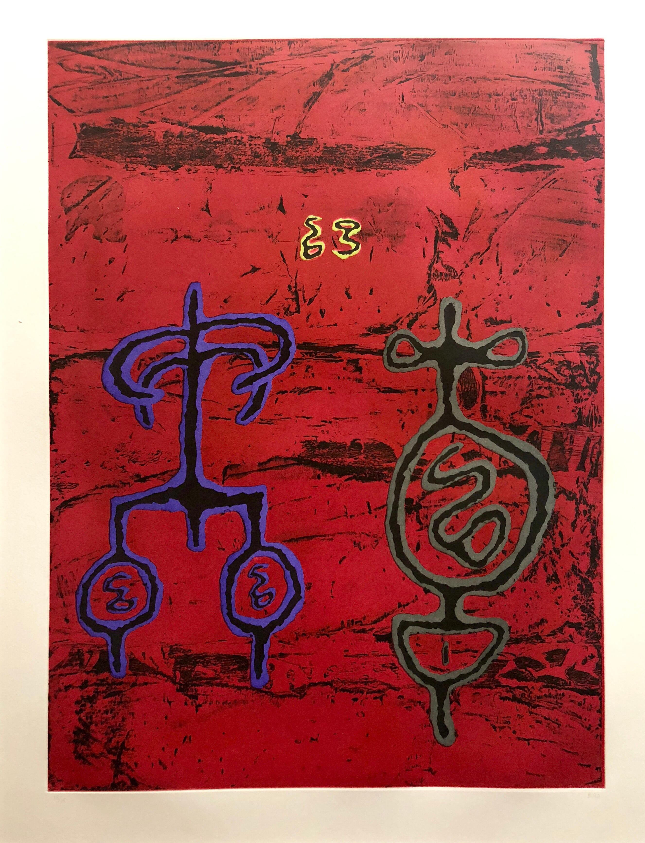 William Brice Abstract Print - Untitled #11 Two Forms Red Ground Abstract Expressionist Aquatint Etching