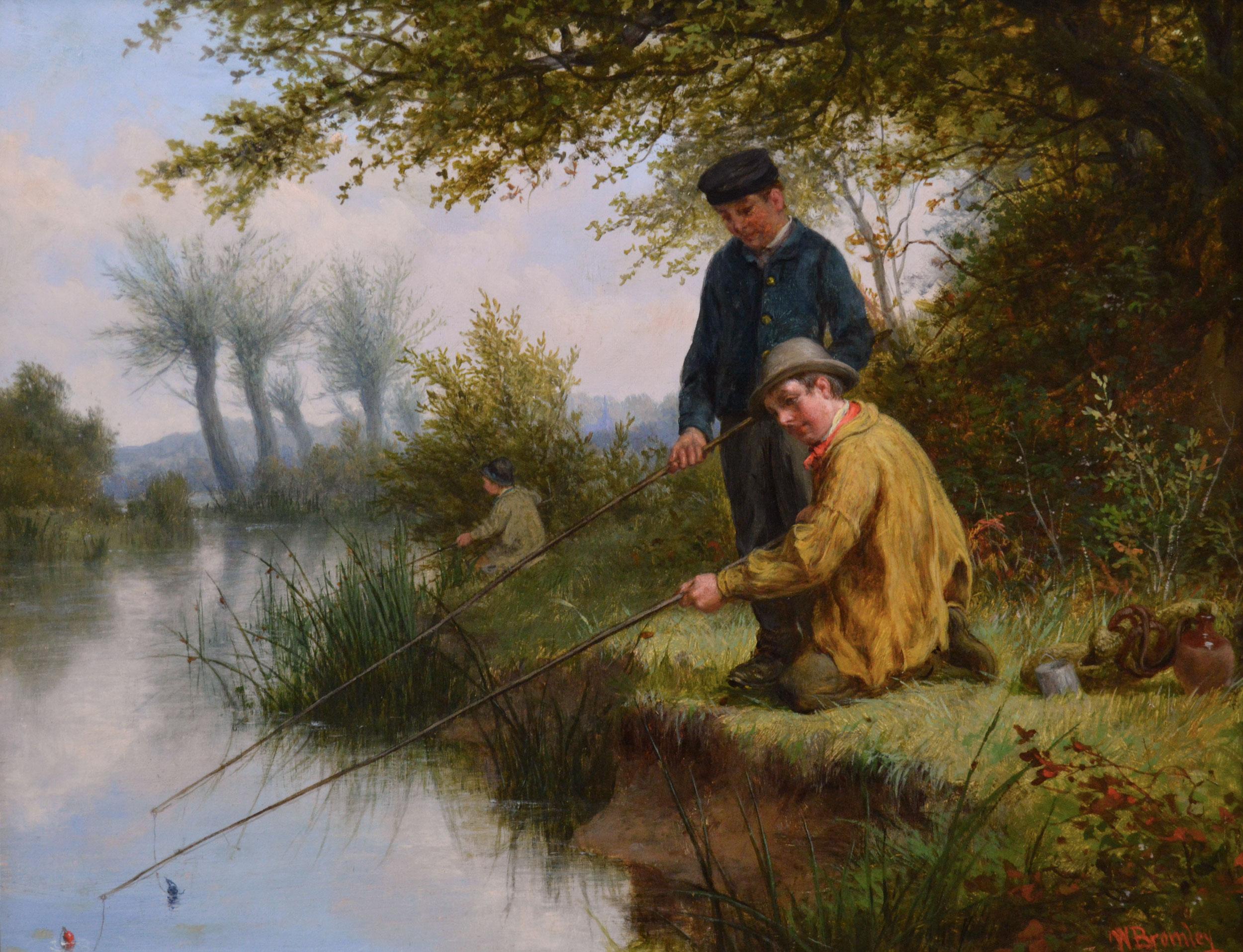 19th Century genre landscape oil painting of three boys fishing on a river - Painting by William Bromley