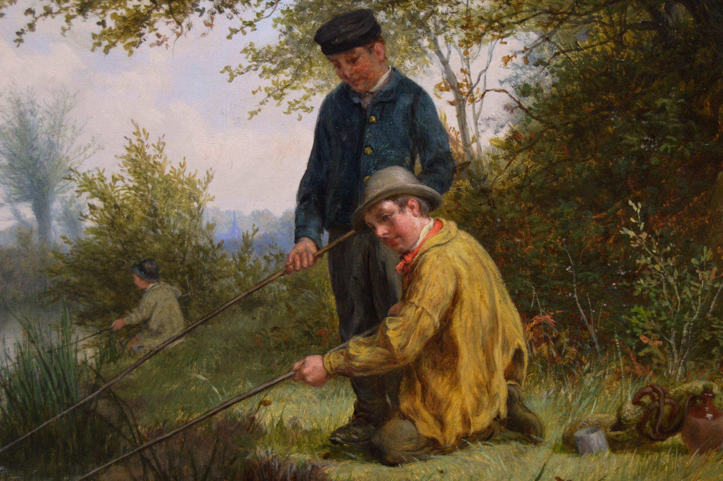 19th Century genre landscape oil painting of three boys fishing on a river - Victorian Painting by William Bromley