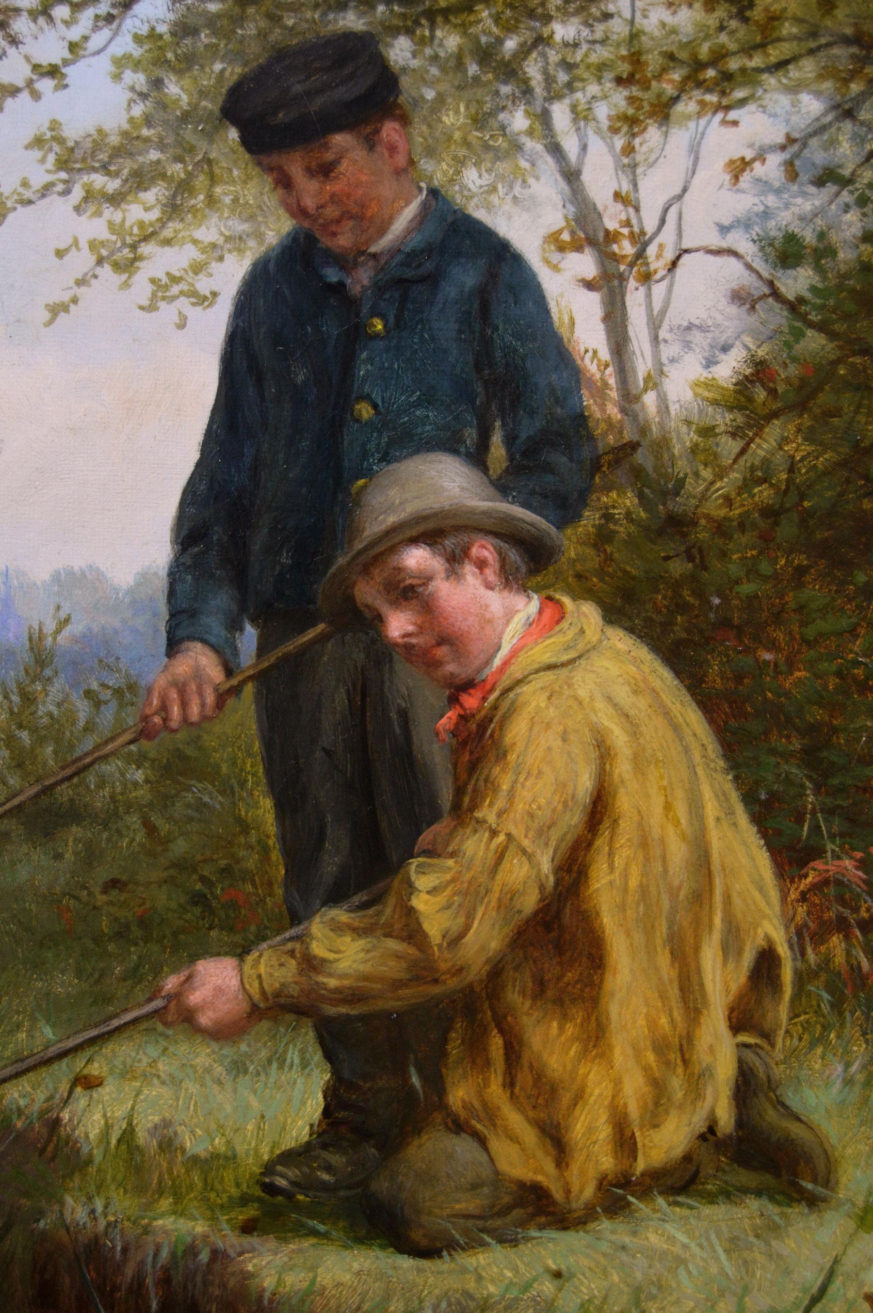 William Bromley 
British, (1816-1890)
Gone Fishing
Oil on canvas, signed 
Image size: 13.5 inches x 17.5 inches 
Size including frame: 18.75 inches x 22.75 inches

A picturesque genre painting by William Bromley of three young anglers next to a