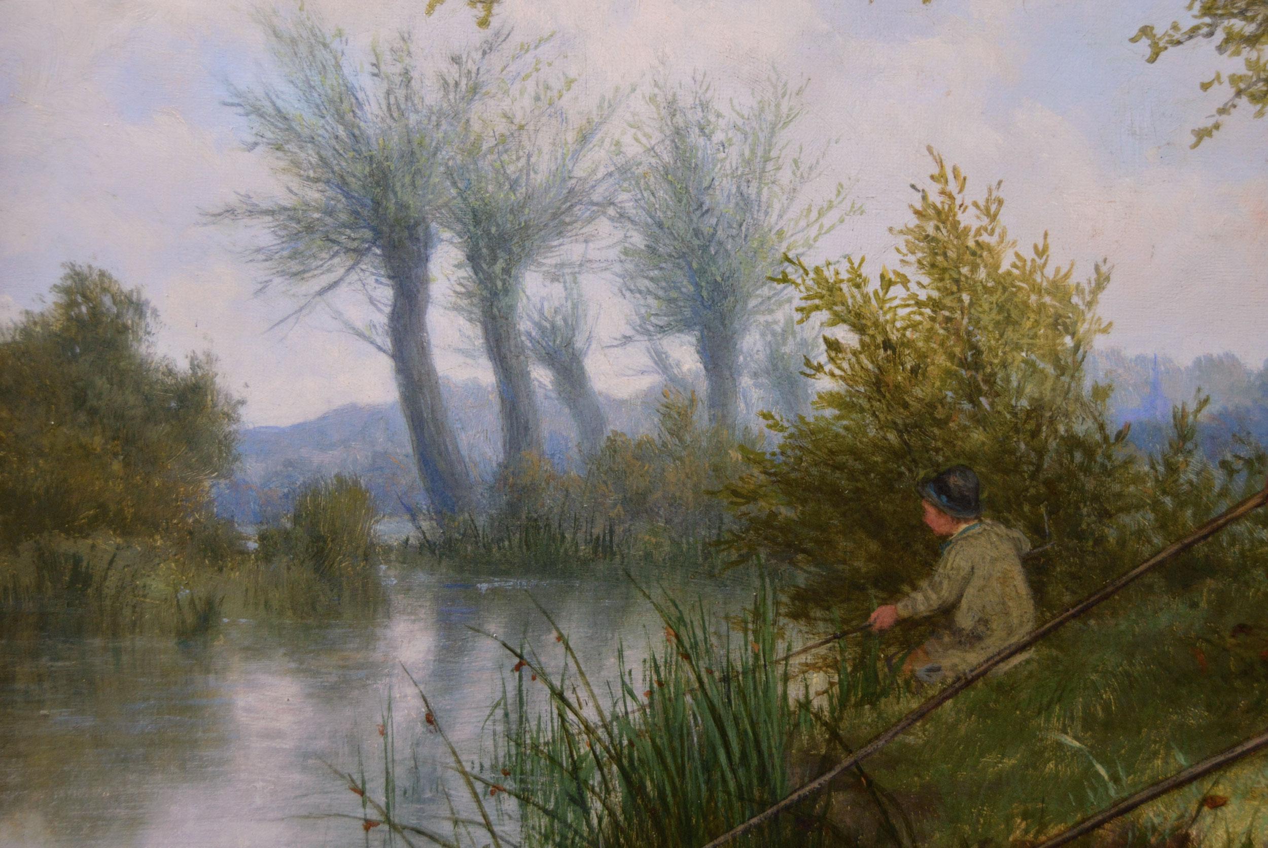19th Century genre landscape oil painting of three boys fishing on a river For Sale 1