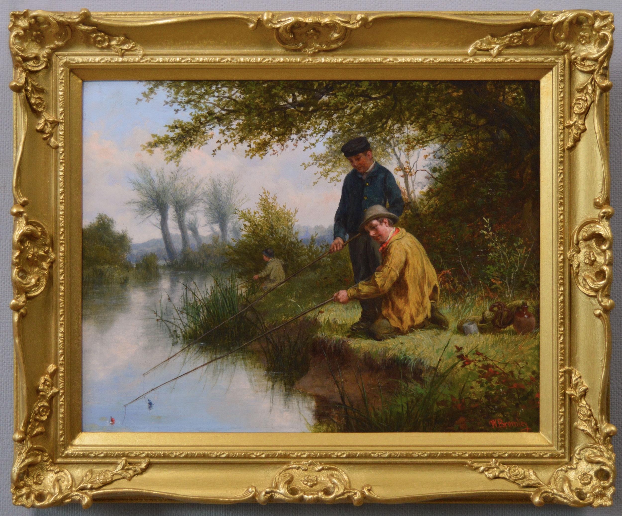 Peinture à l'huile de paysage de genre du 19e siècle représentant trois garçons pêchent sur une rivière