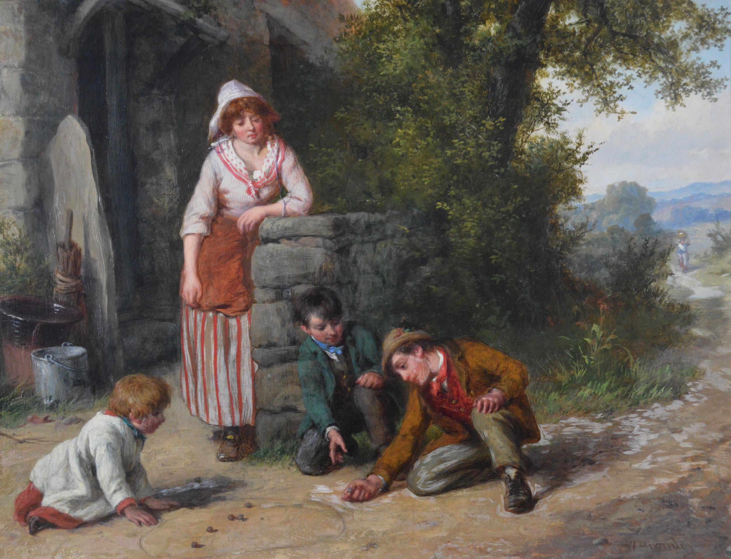 19th Century genre oil painting of a family playing marbles - Painting by William Bromley