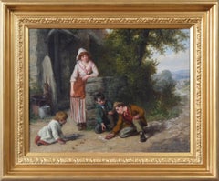 19th Century genre oil painting of a family playing marbles 