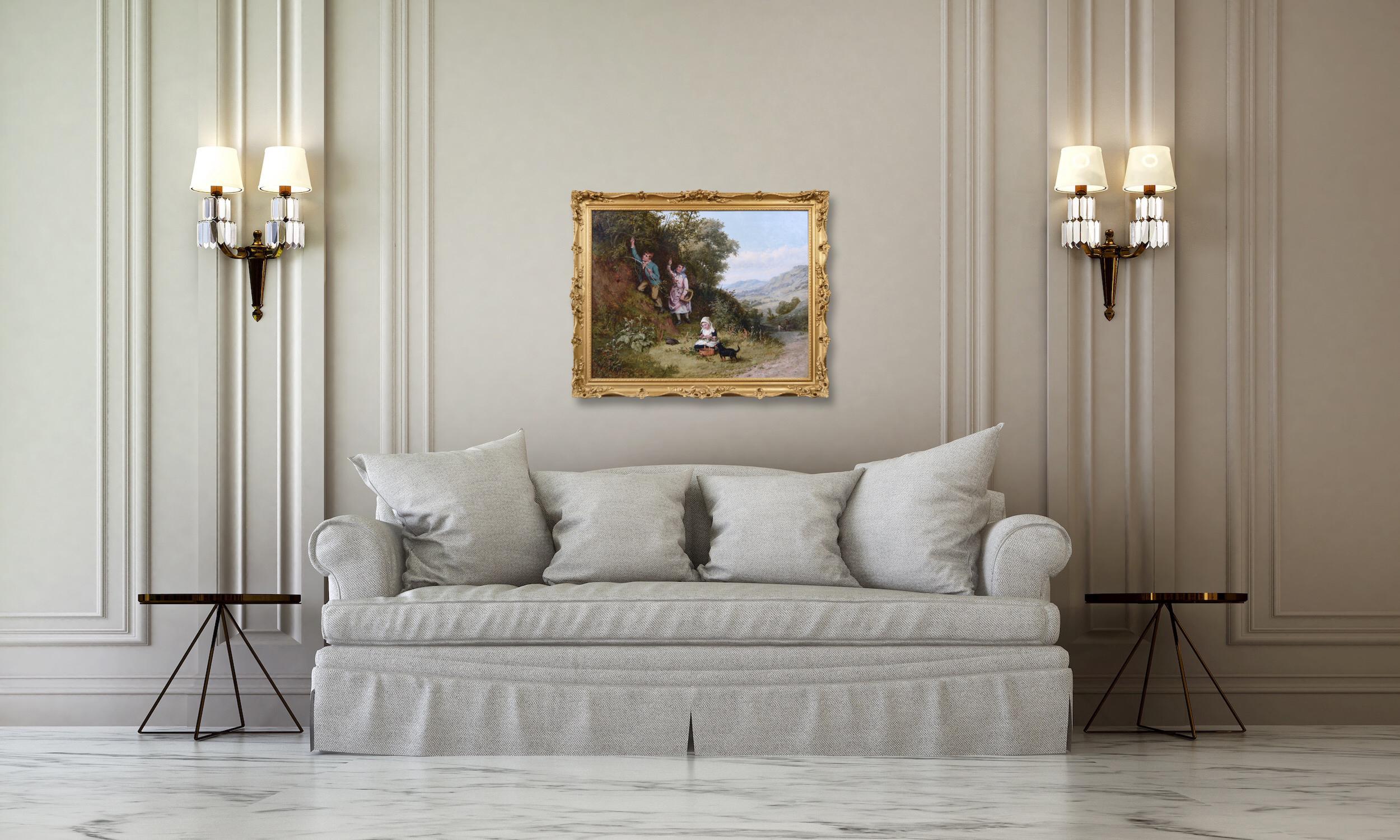 19th Century genre oil painting of children gathering berries 4