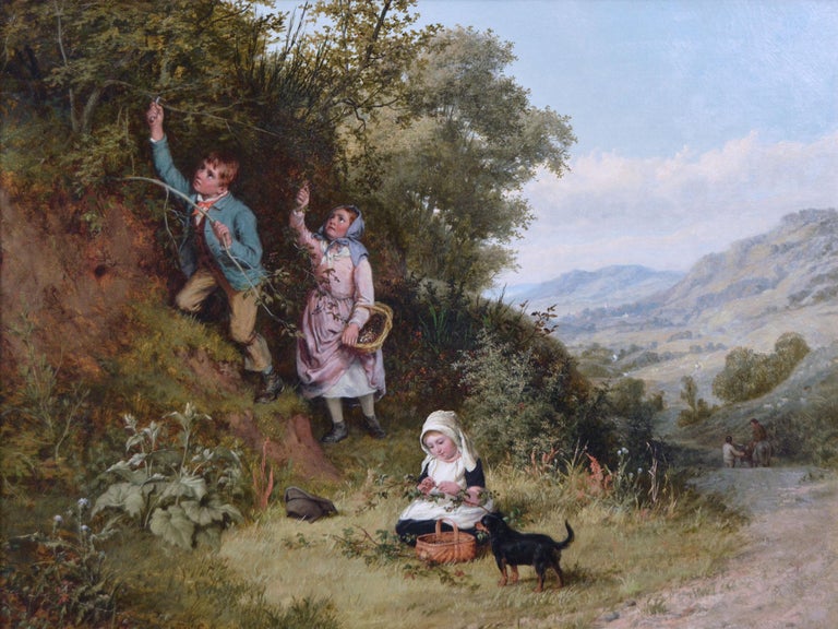 19th Century genre oil painting of children gathering berries - Painting by William Bromley