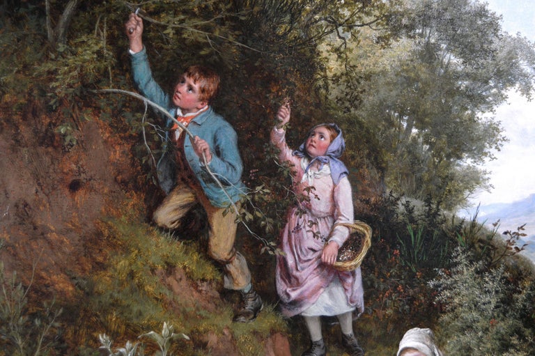 19th Century genre oil painting of children gathering berries - Brown Figurative Painting by William Bromley