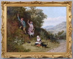19th Century genre oil painting of children gathering berries