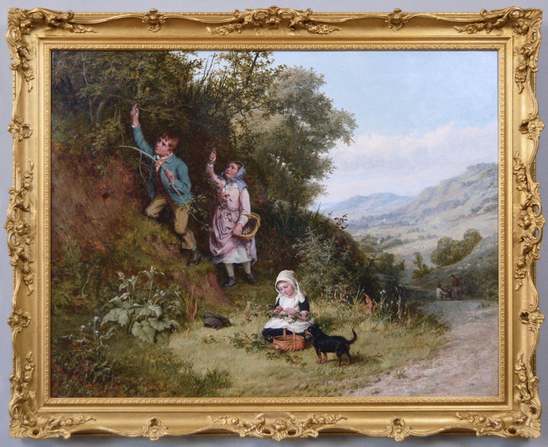 William Bromley Figurative Painting - 19th Century genre oil painting of children gathering berries