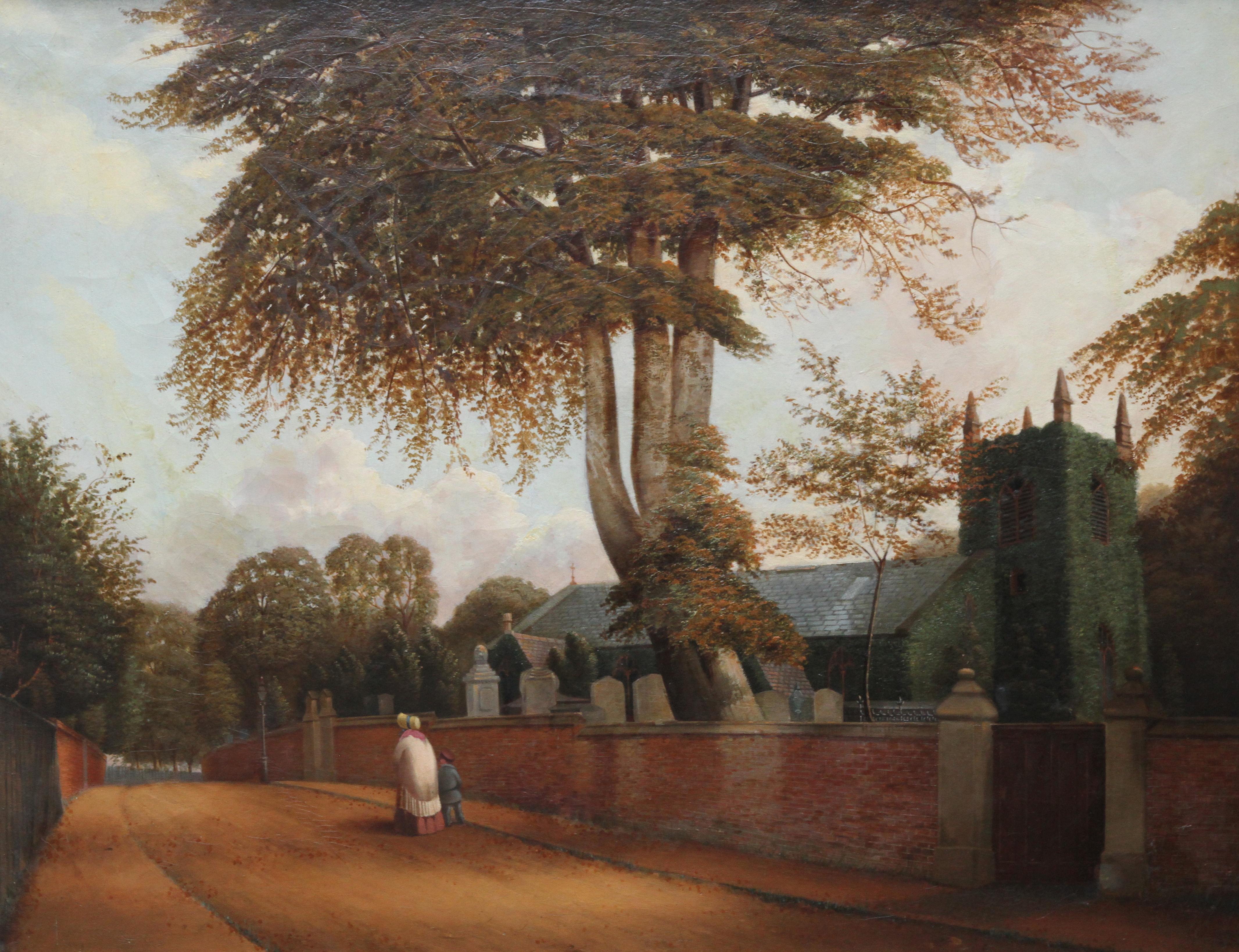 Iglesia de Edgbaston Birmingham - Pintura al óleo de paisaje de arte victoriano británico de 1880 - Painting de William Bromley