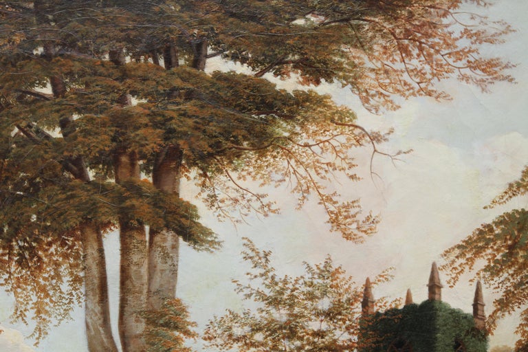 A fine large oil on canvas painting which dates to circa 1880 by British Victorian artist William Bromley. It is a super depiction of a lady and child walking along the road at Edgbaston Church in Birmingham. Beautiful tones and of historical