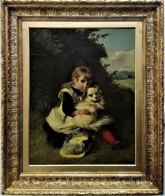 “The Best of Friends", original 1875 oil on canvas, Portrait of a child with pet