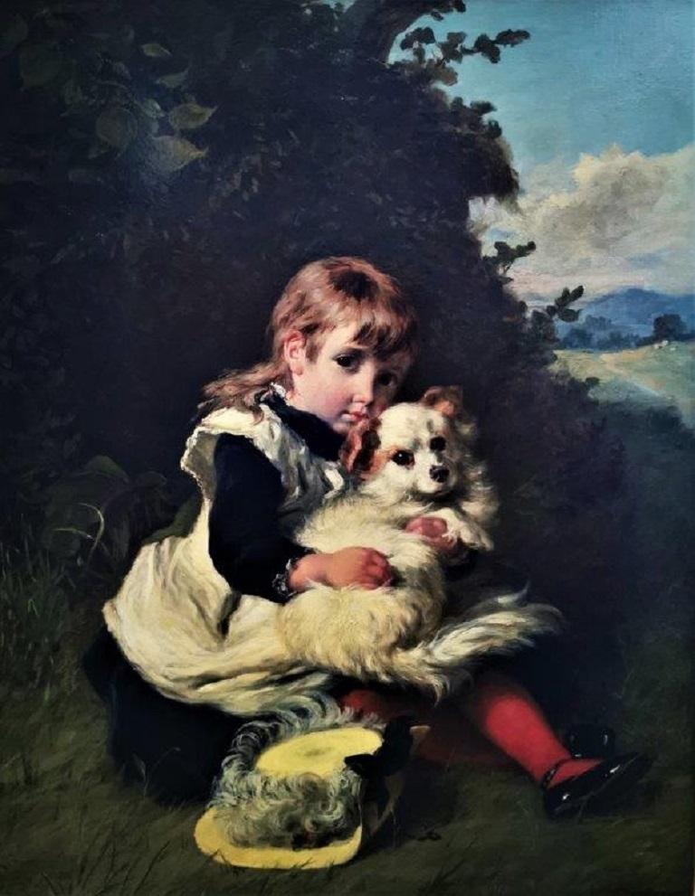 William Bromley Animal Painting - “The Best of Friends", original 1875 oil on canvas, Portrait of a child with pet