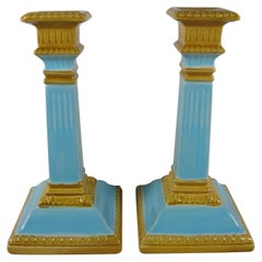 William Brownfield 19th Century Neoclassical English Majolica Candlesticks, Pair