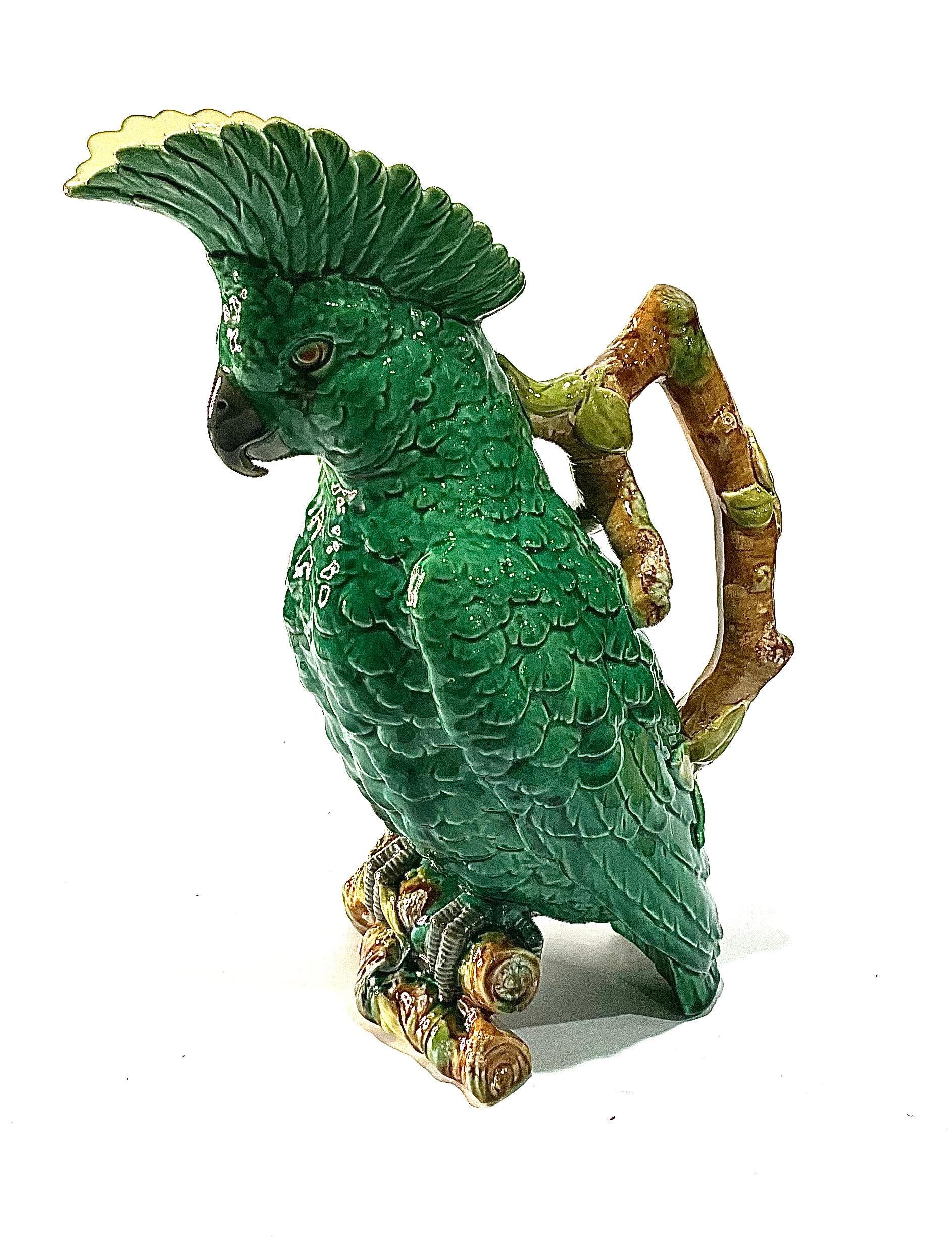English William Brownfield Majolica Mottled Green Ground Cockatoo jug or pitcher 1890s