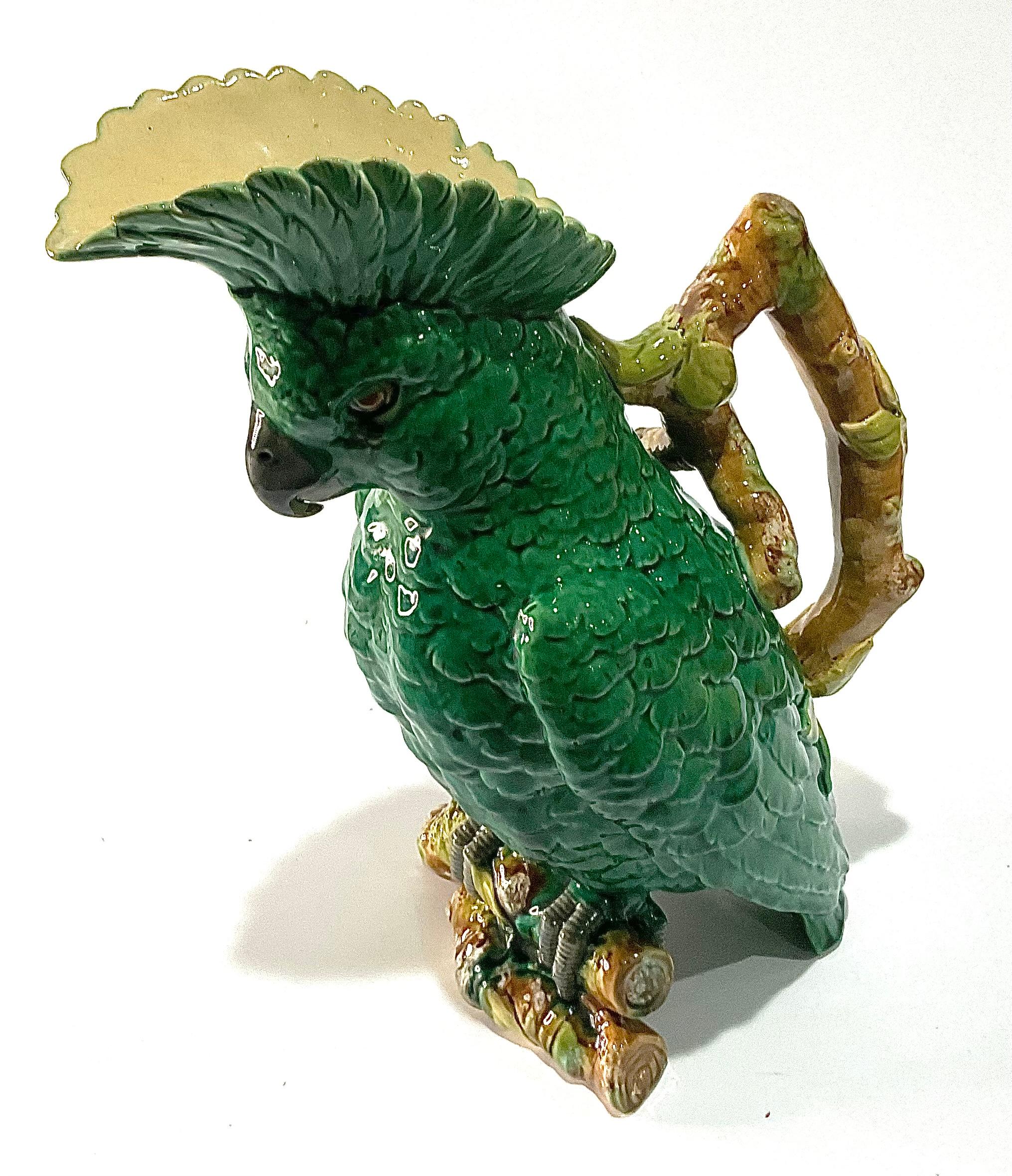 Late 19th Century William Brownfield Majolica Mottled Green Ground Cockatoo jug or pitcher 1890s