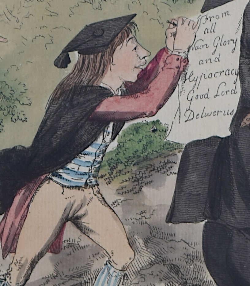 College Fun at the University of Cambridge, engraving by William Bunbury - Gray Figurative Print by William Bunbury 