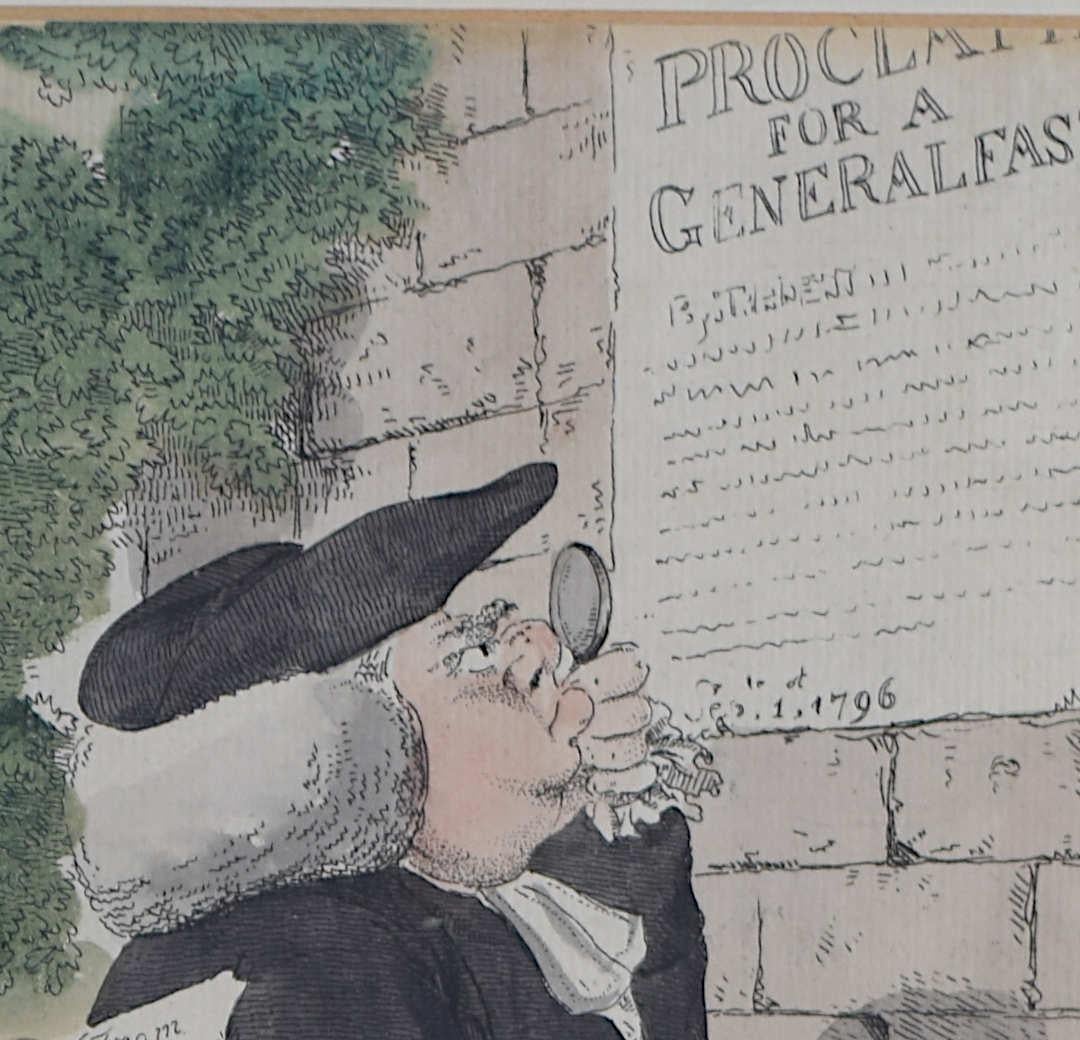 William Bunbury, engraved by James Bretherton
College Fun or Quizzing the Proctor 
Hand coloured engraving
27 x 34 cm 
c.1790

In this playful scene, a proctor--garnering a powdered wig and academic dress--is reading a public proclamation regarding
