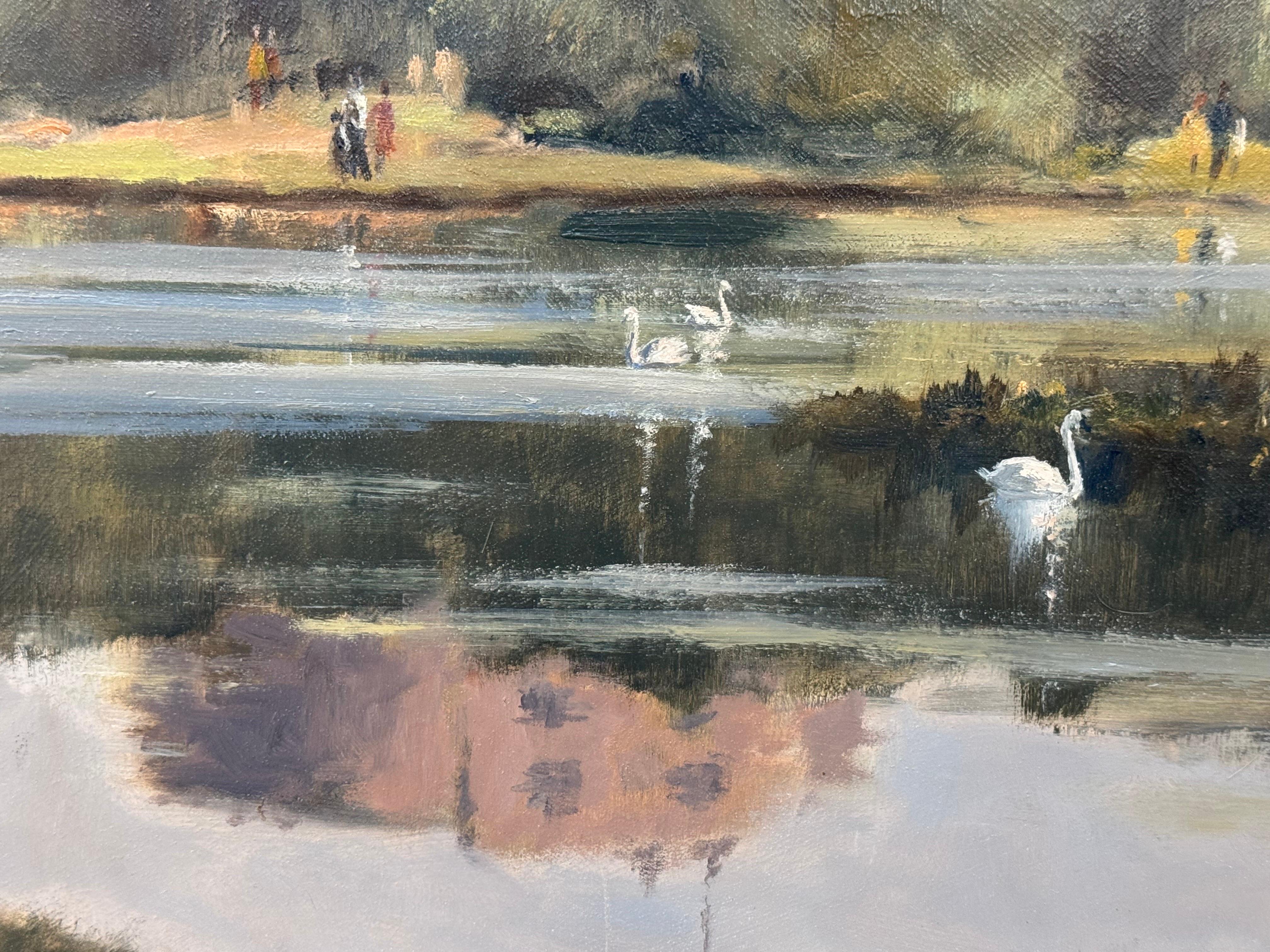 Pittura a olio d'epoca del Castello di Windsor con cigni nel lago, realizzata da un artista britannico in vendita 1
