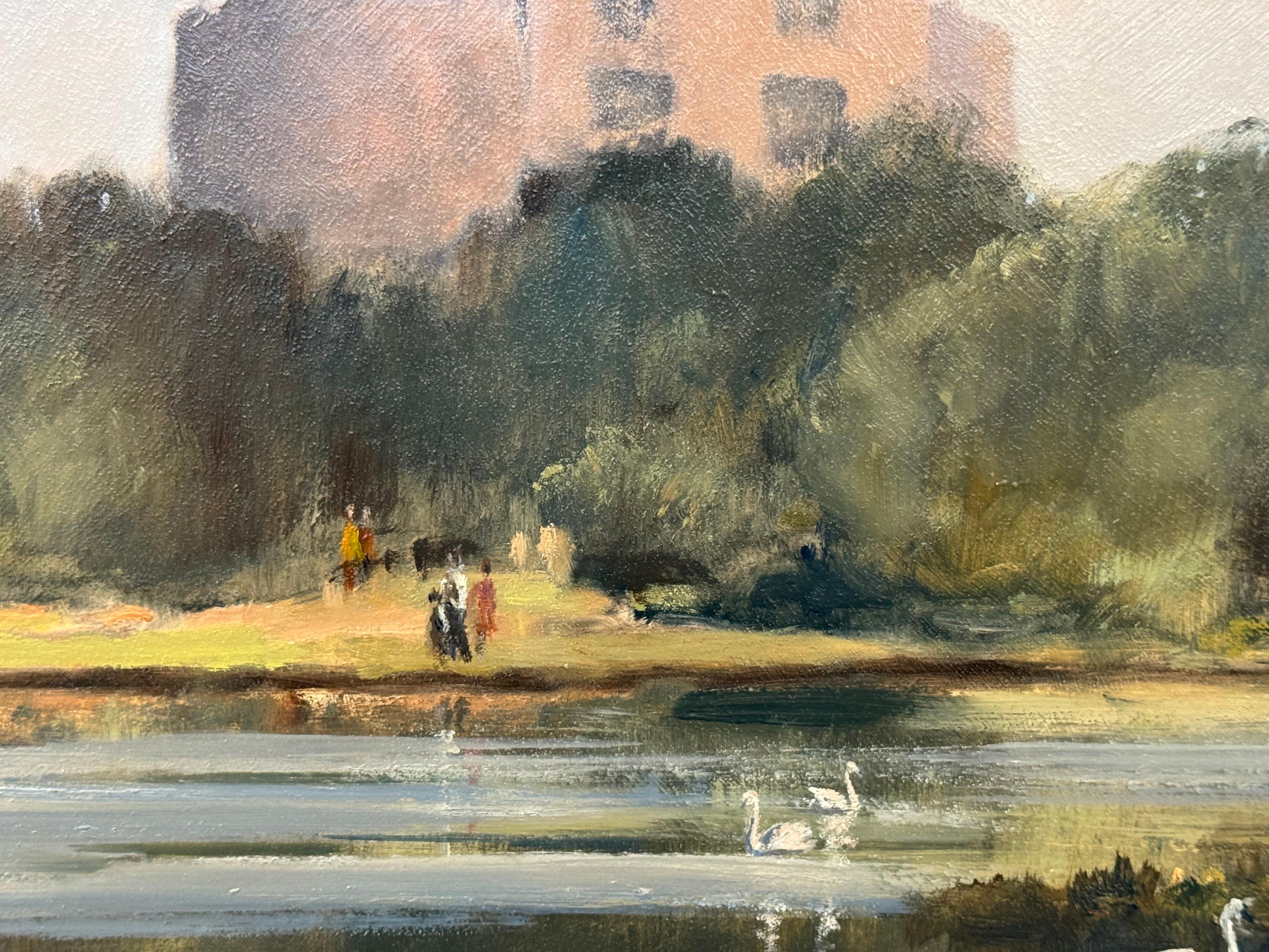 Pittura a olio d'epoca del Castello di Windsor con cigni nel lago, realizzata da un artista britannico in vendita 3