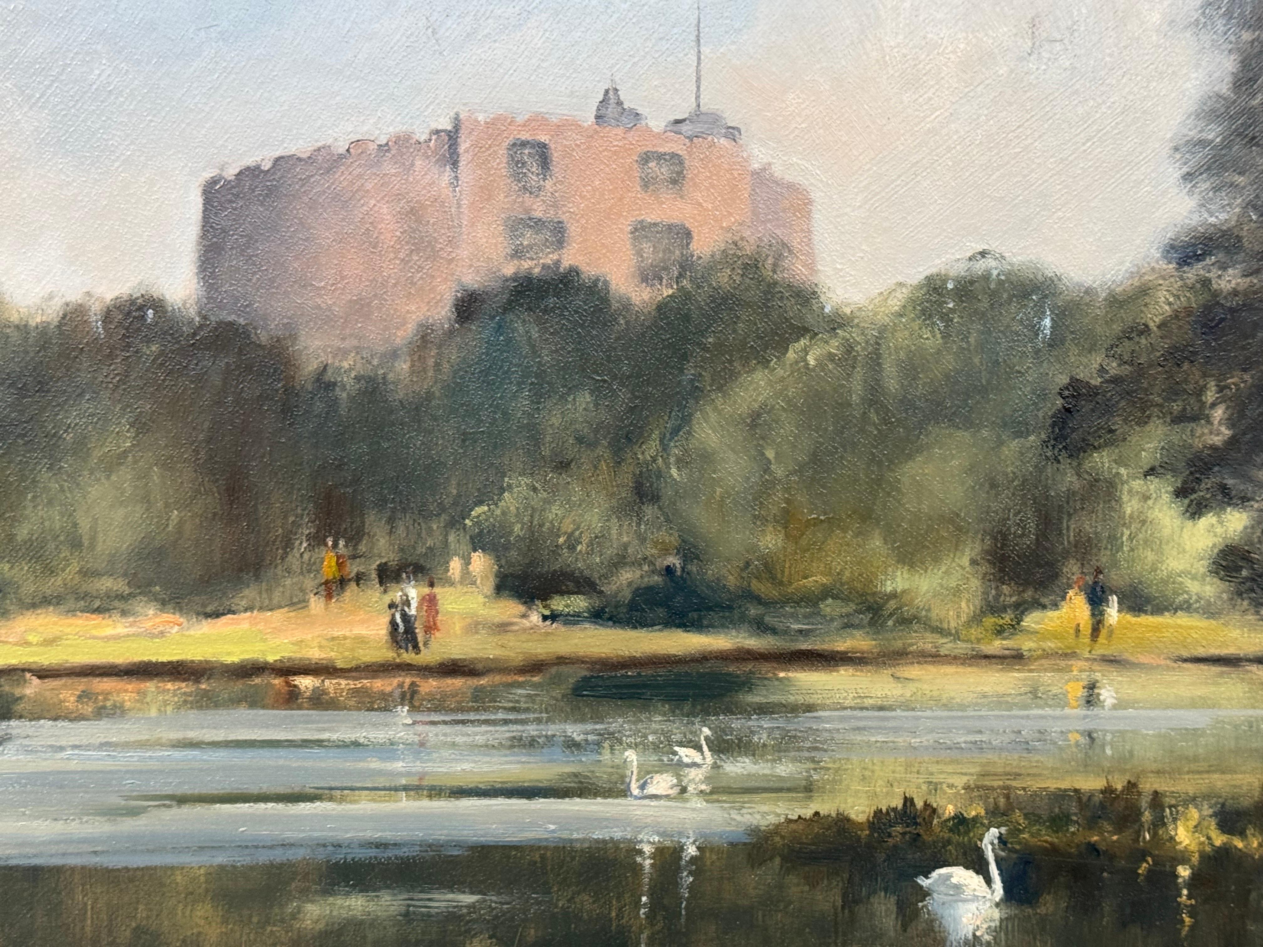 Pittura a olio d'epoca del Castello di Windsor con cigni nel lago, realizzata da un artista britannico in vendita 4