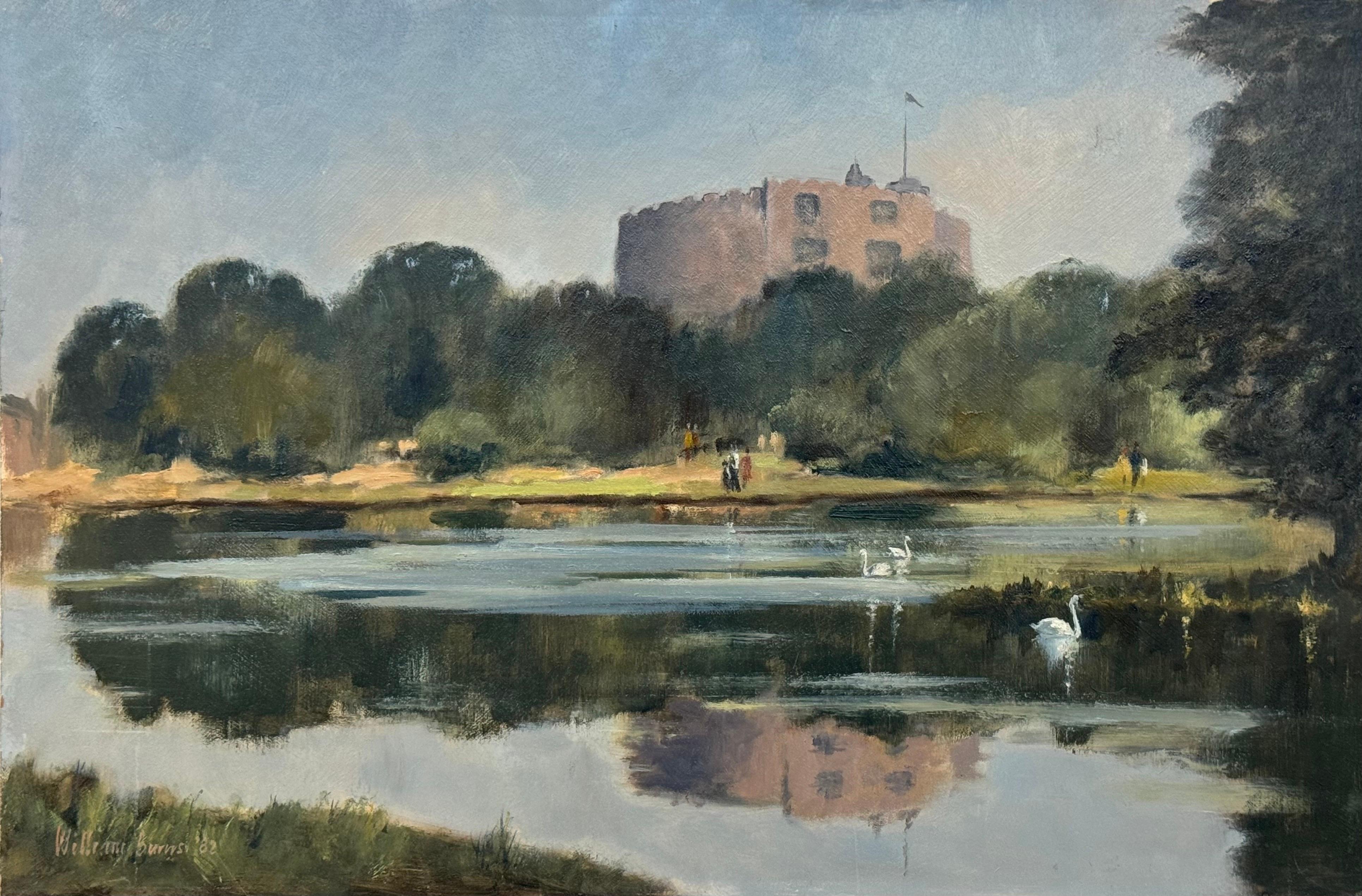 Pittura a olio d'epoca del Castello di Windsor con cigni nel lago dell'artista britannico William Burns (1923-2010). 

L'arte misura 24 x 16 pollici 
Olio su tavola, firmato e datato '82 

Nato a Sheffield nel 1923, William Burns RIBA FSAI FRSA
