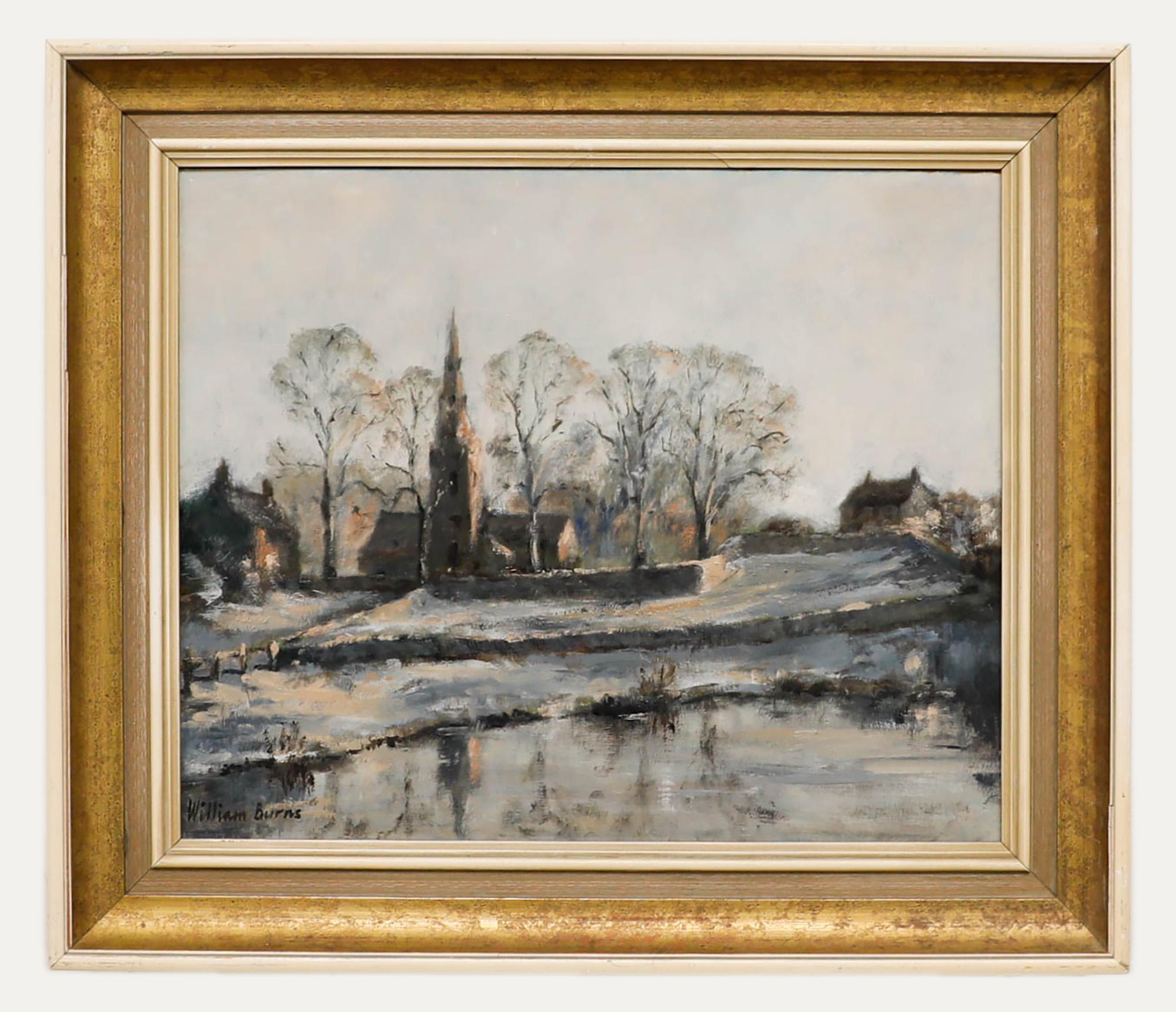 William Burns FRSA (1923-2010) - Huile du 20e siècle, Village dans la neige