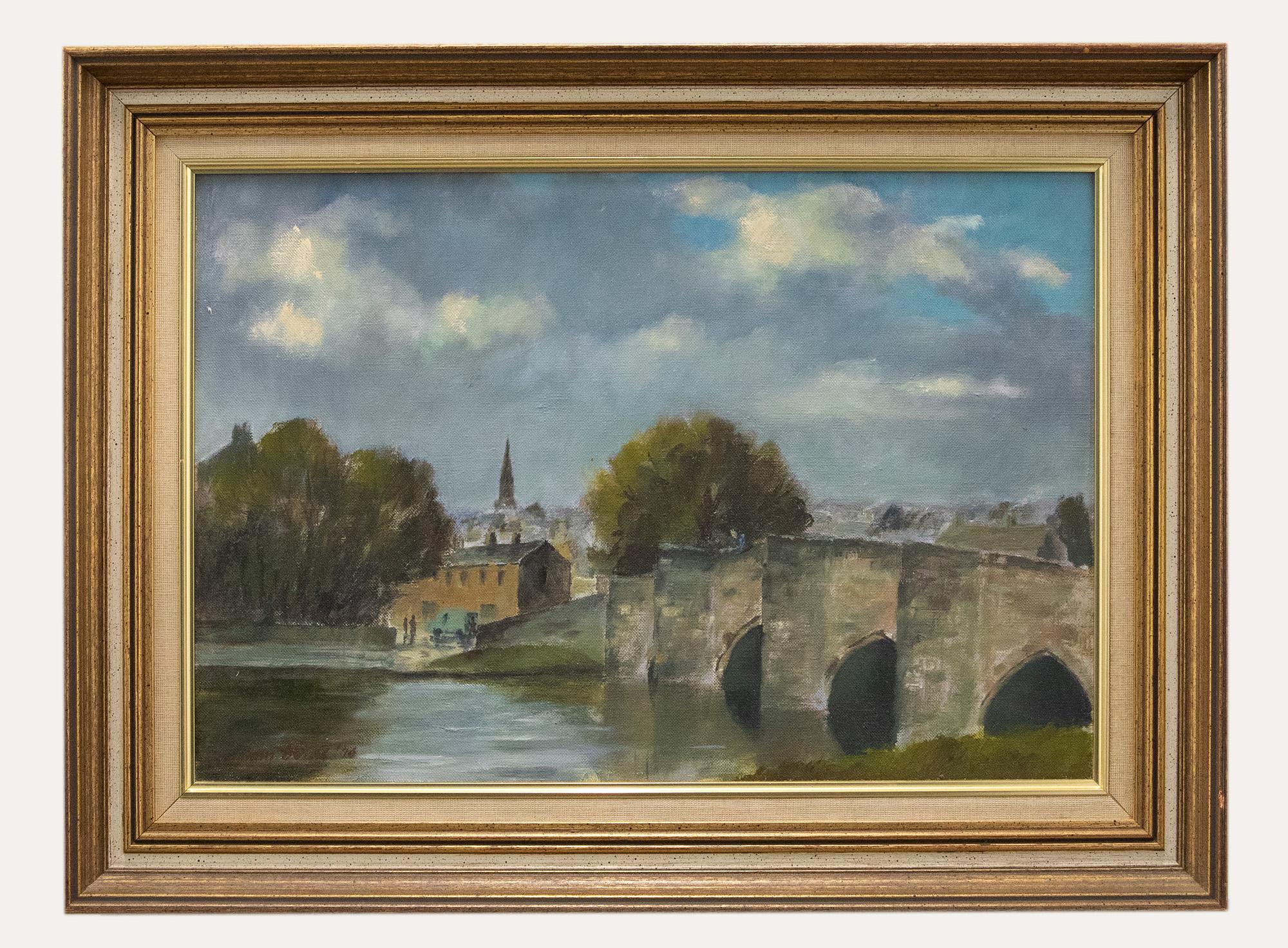 The delightful oil captures the pretty market town of Bakewell, situated on the banks of the river Wye. The Bakewell Bridge can be seen stretched across the river to the foreground with a figure resting on its high walls. The composition has been