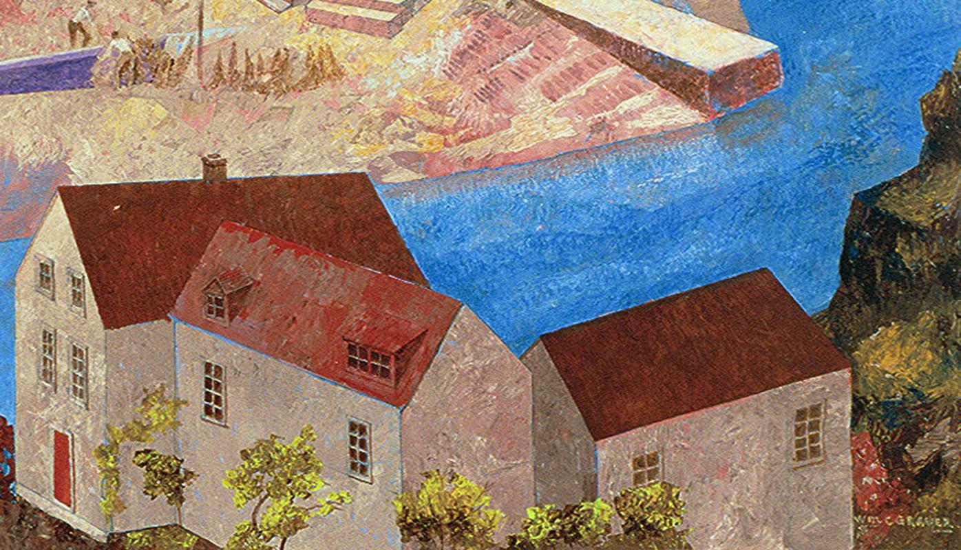 Maisons gazonnes - Gris Landscape Painting par William C. Grauer