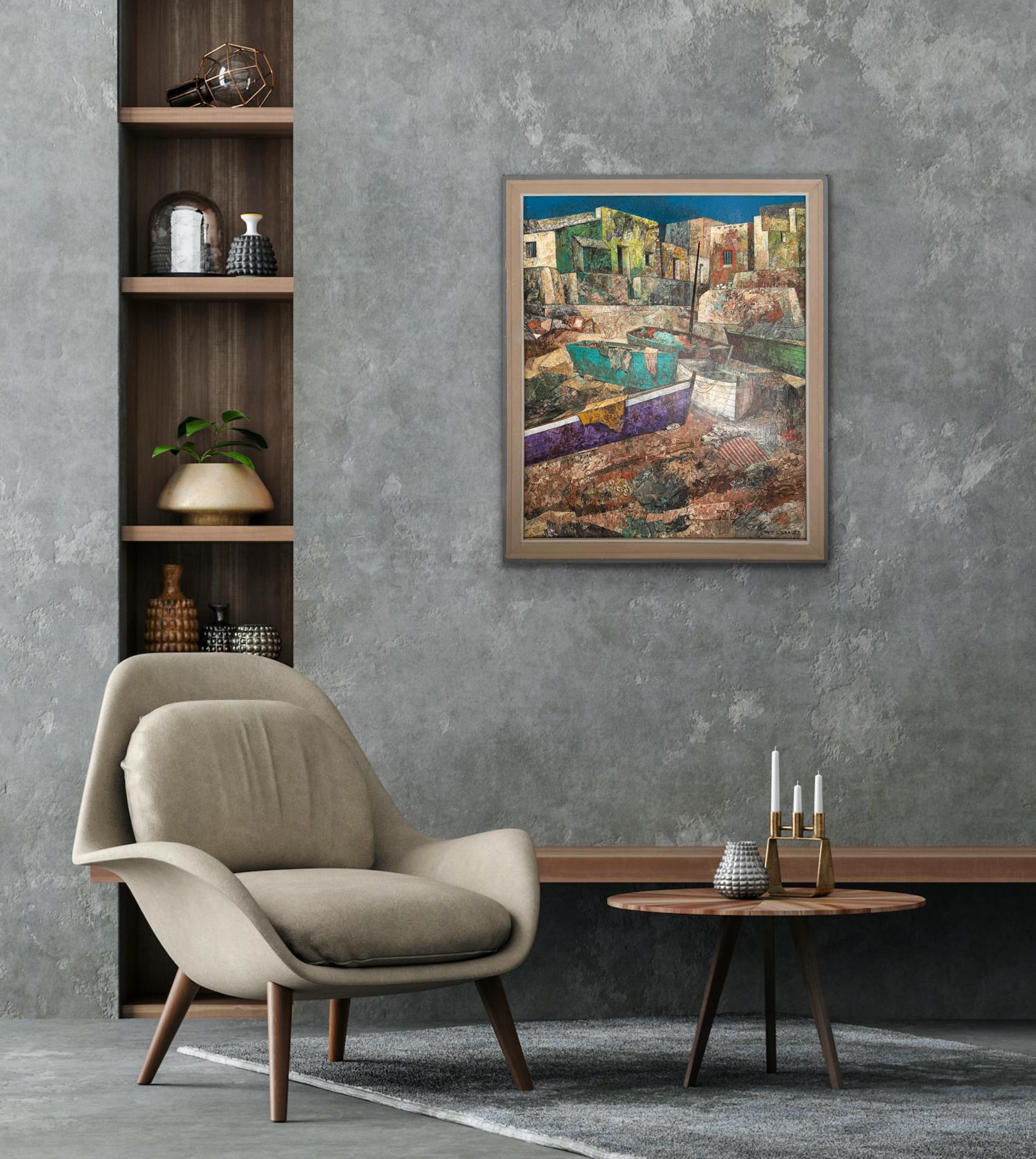 Malaga Beach Setting (Fischerdorf & Boote, Spanien) WILLIAM C GRAUER bunt im Angebot 9