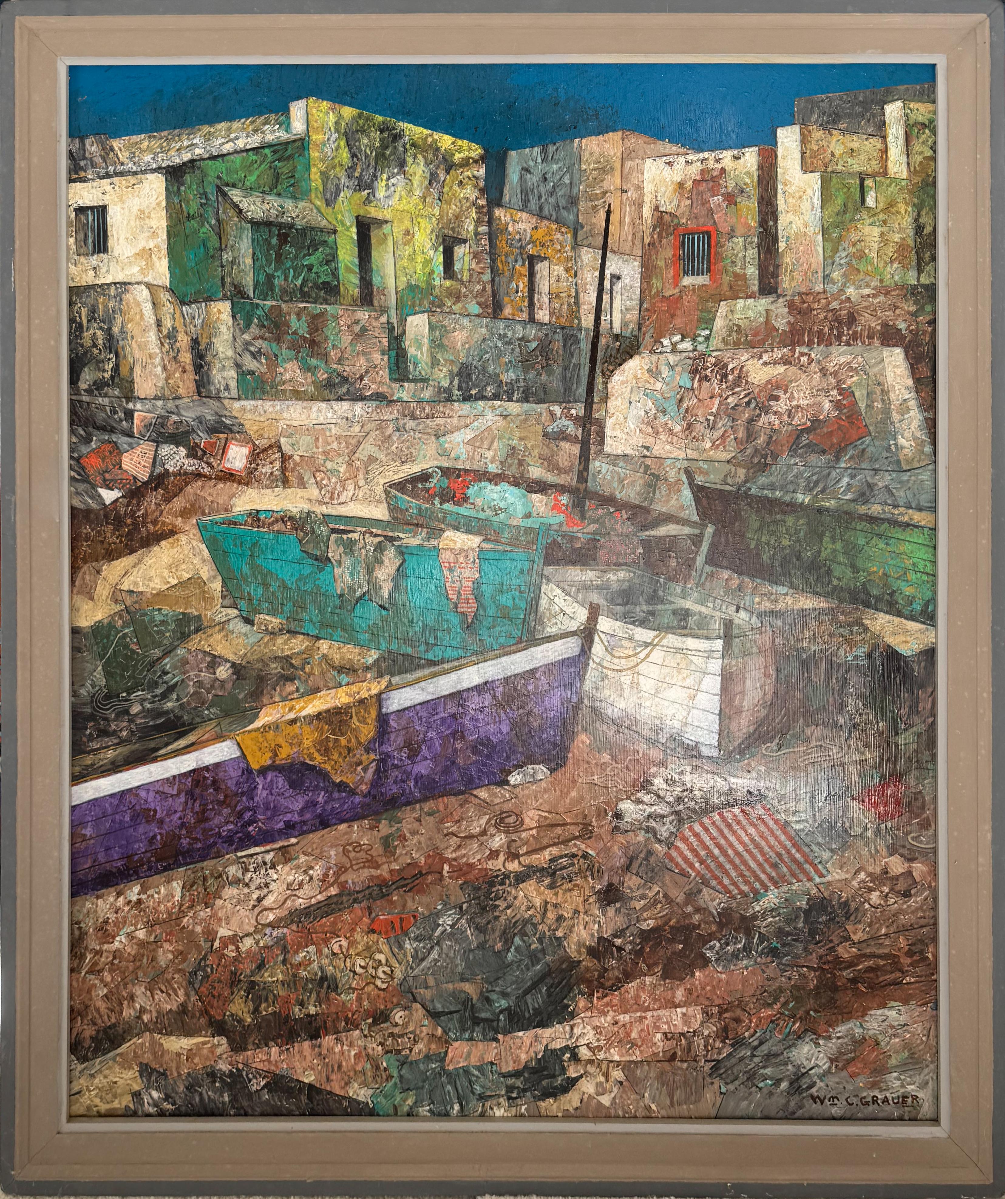 Malaga Beach Setting (Fischerdorf & Boote, Spanien) WILLIAM C GRAUER bunt (Moderne), Painting, von William C. Grauer