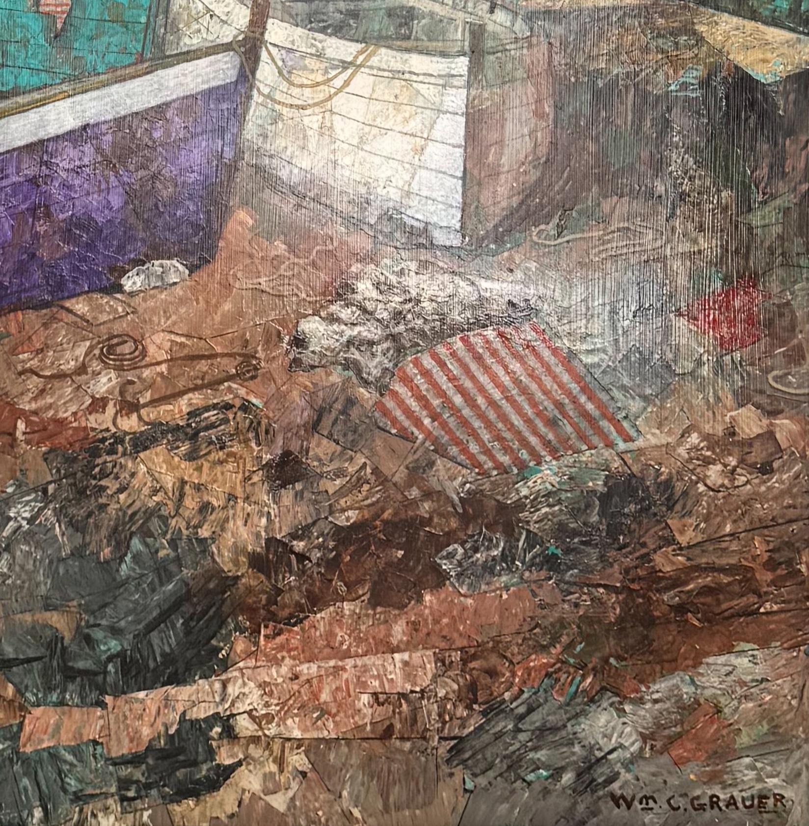 Malaga Beach Setting (Fischerdorf & Boote, Spanien) WILLIAM C GRAUER bunt (Grau), Landscape Painting, von William C. Grauer